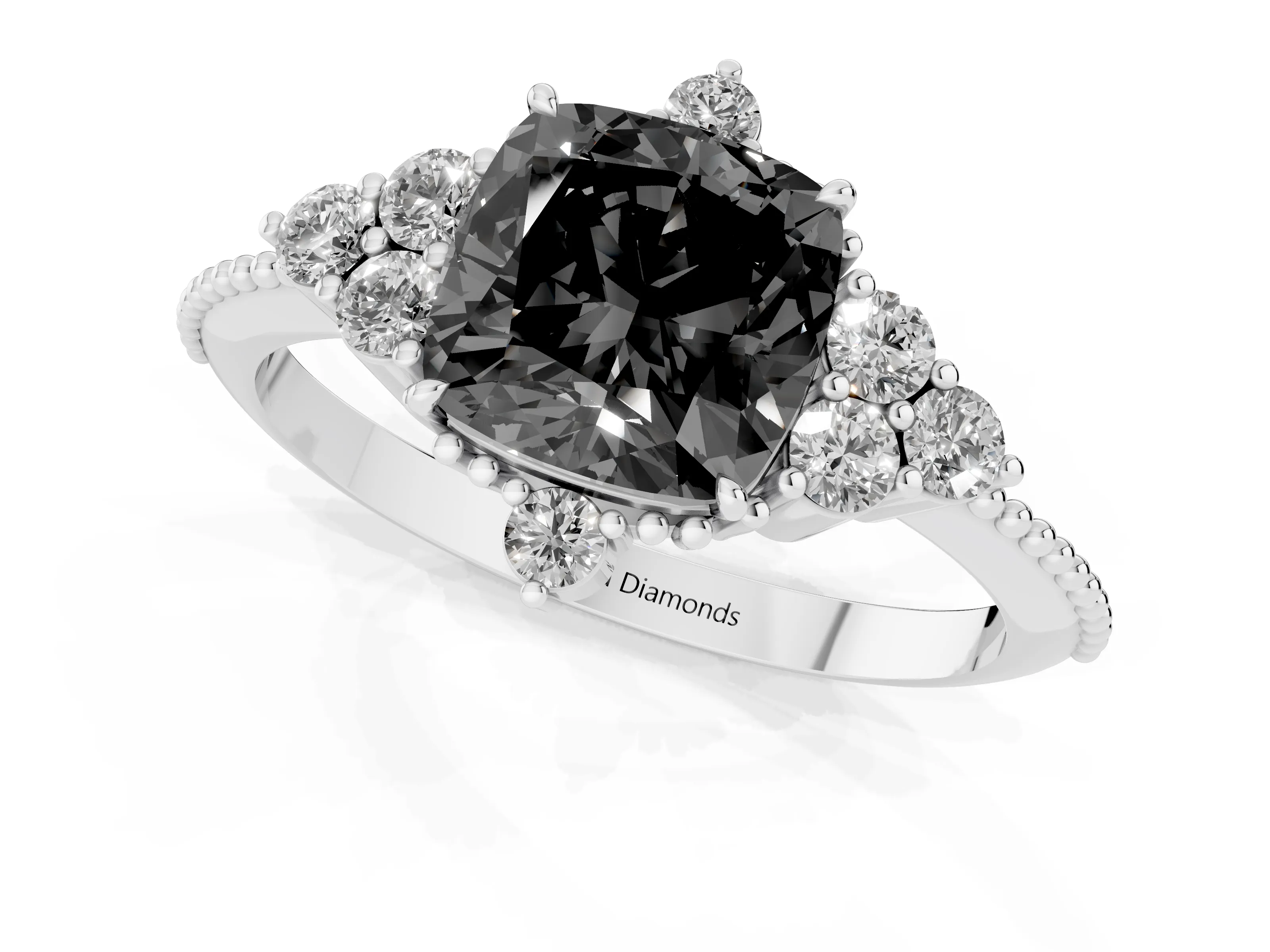 Fancy Black Cushion Cut Diamond Cluster Ring Set in White gold with Beaded Band