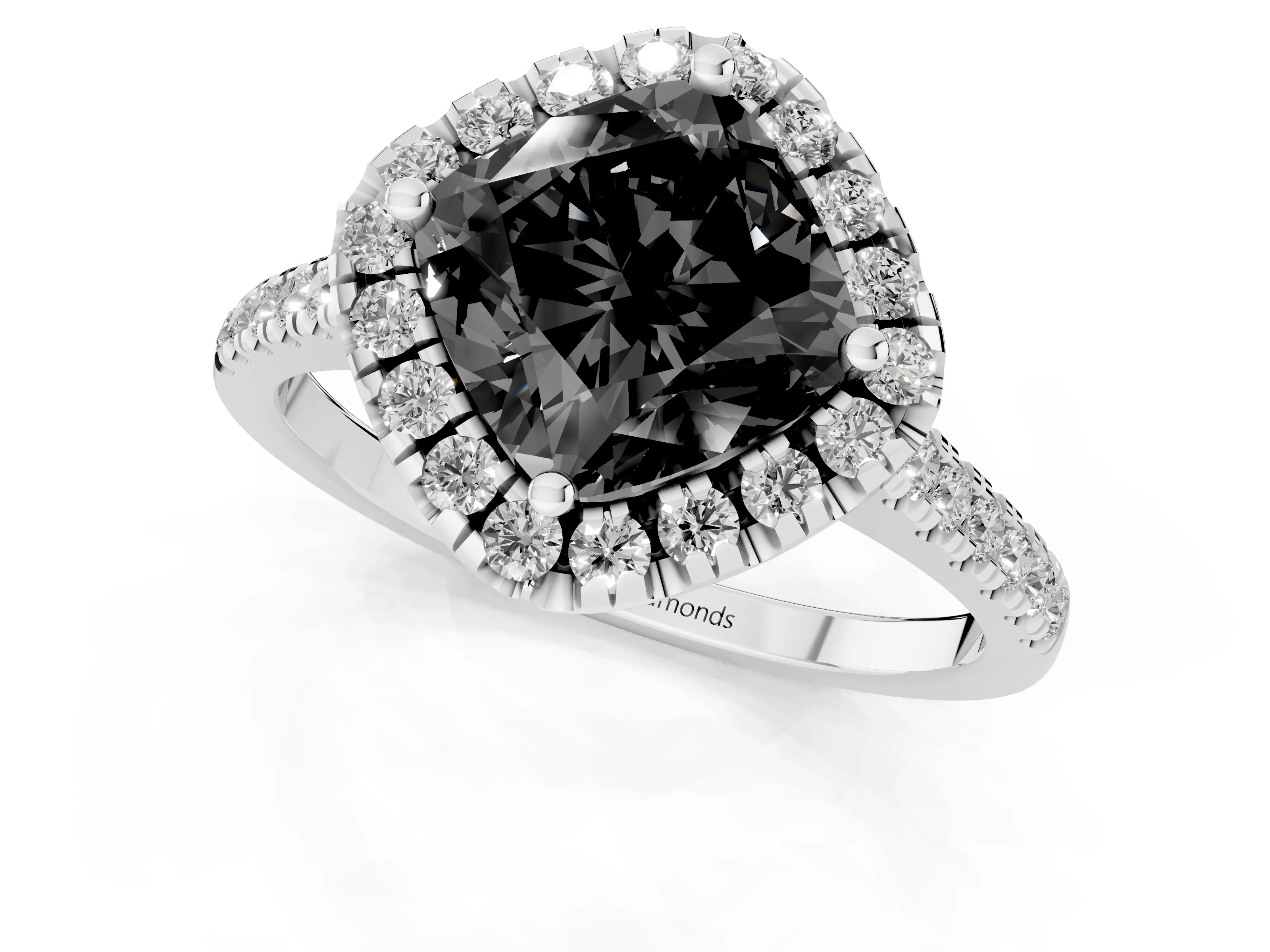 Fancy Black Cushion Cut Diamond Cushion Halo Ring Set in White gold with Pavé Band – second view