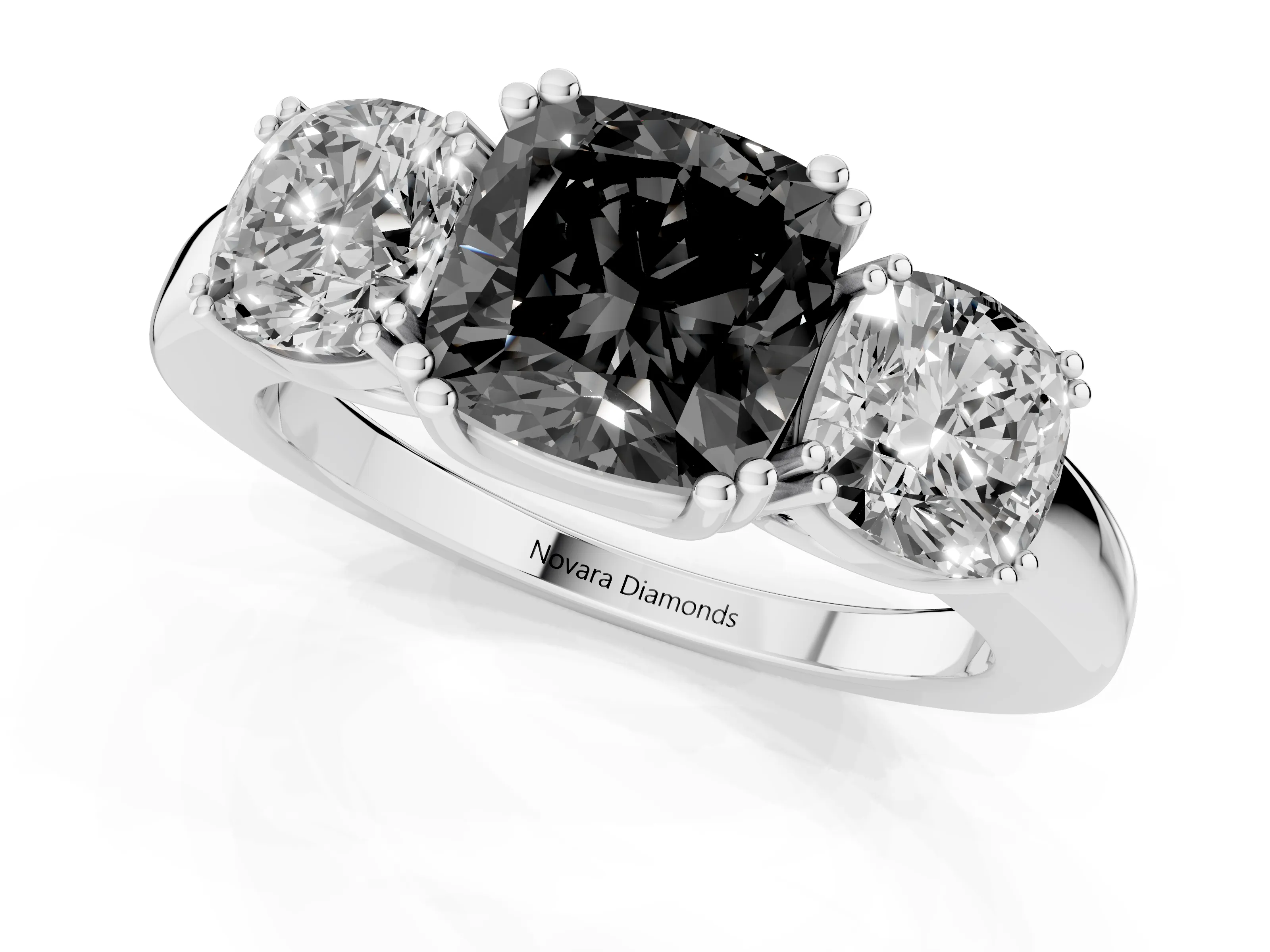 Fancy Black Cushion Cut Diamond Three-Stone Ring Set in Silver with Polished Band and Prong Setting