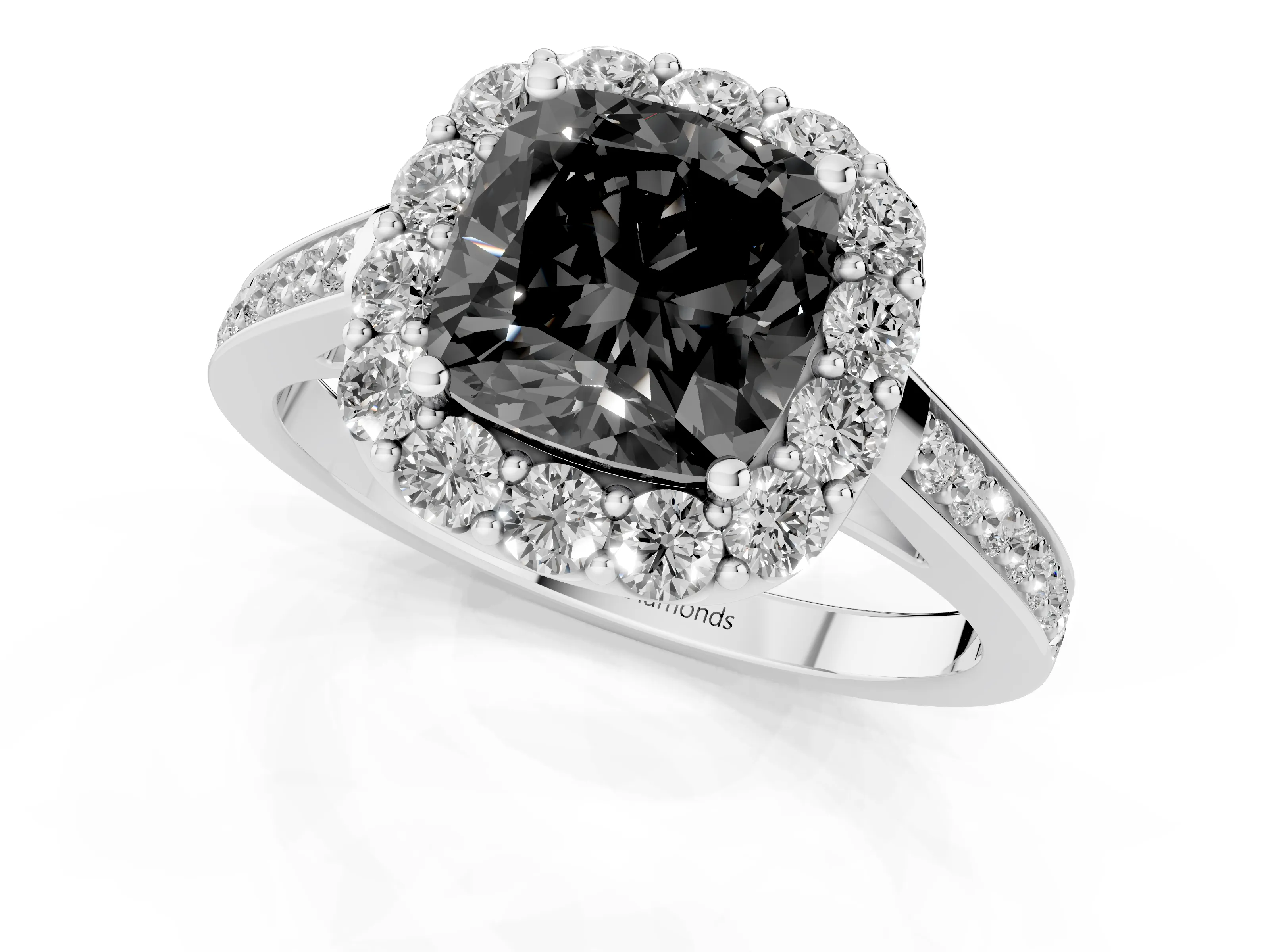 Fancy Black Cushion Cut Diamond Floral Halo Ring Set in White gold with Pavé Band and Prong Setting