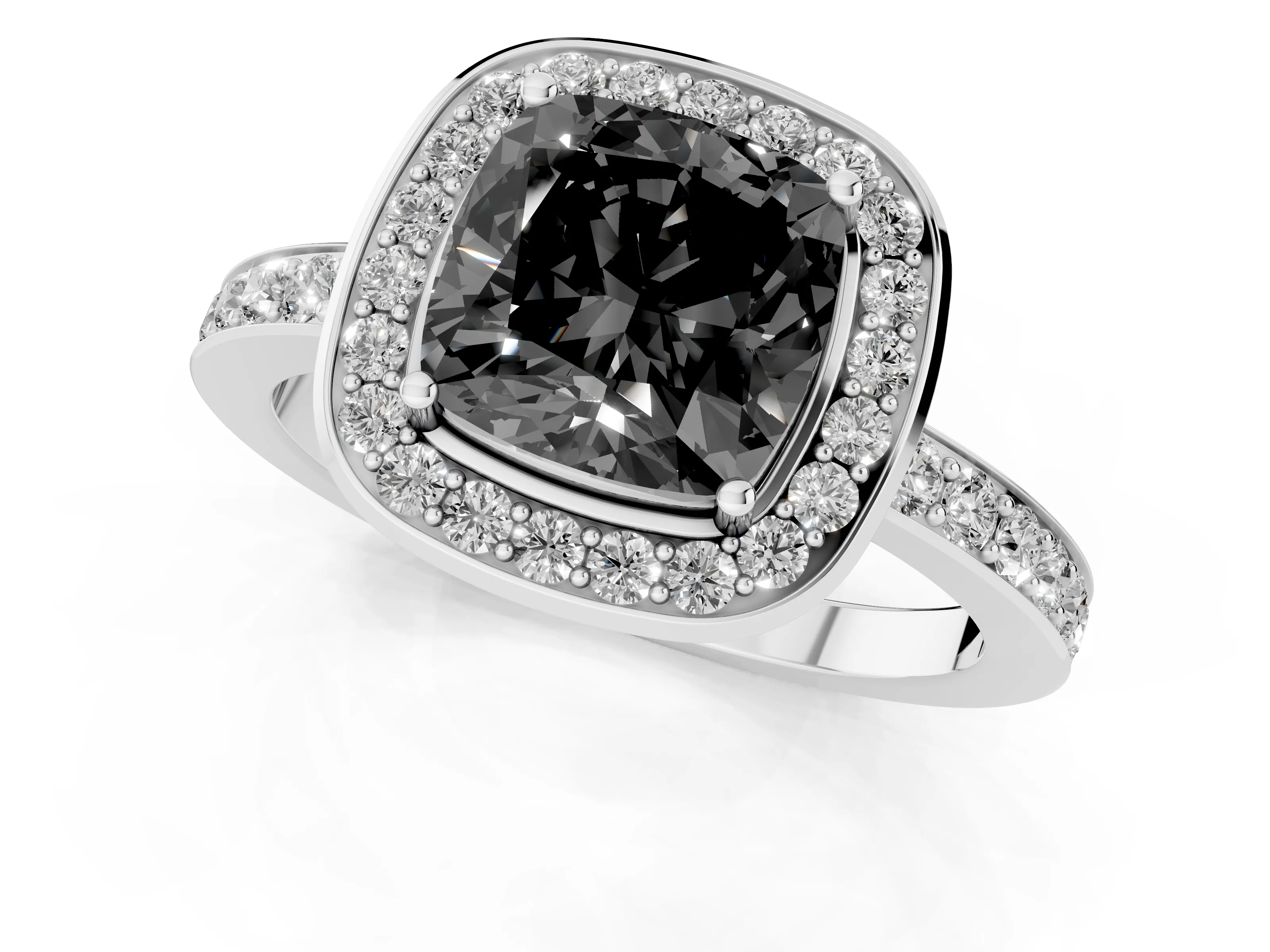 Fancy Black Cushion Cut Diamond Halo Ring Set in Silver with Bezel Frame and Pavé Band