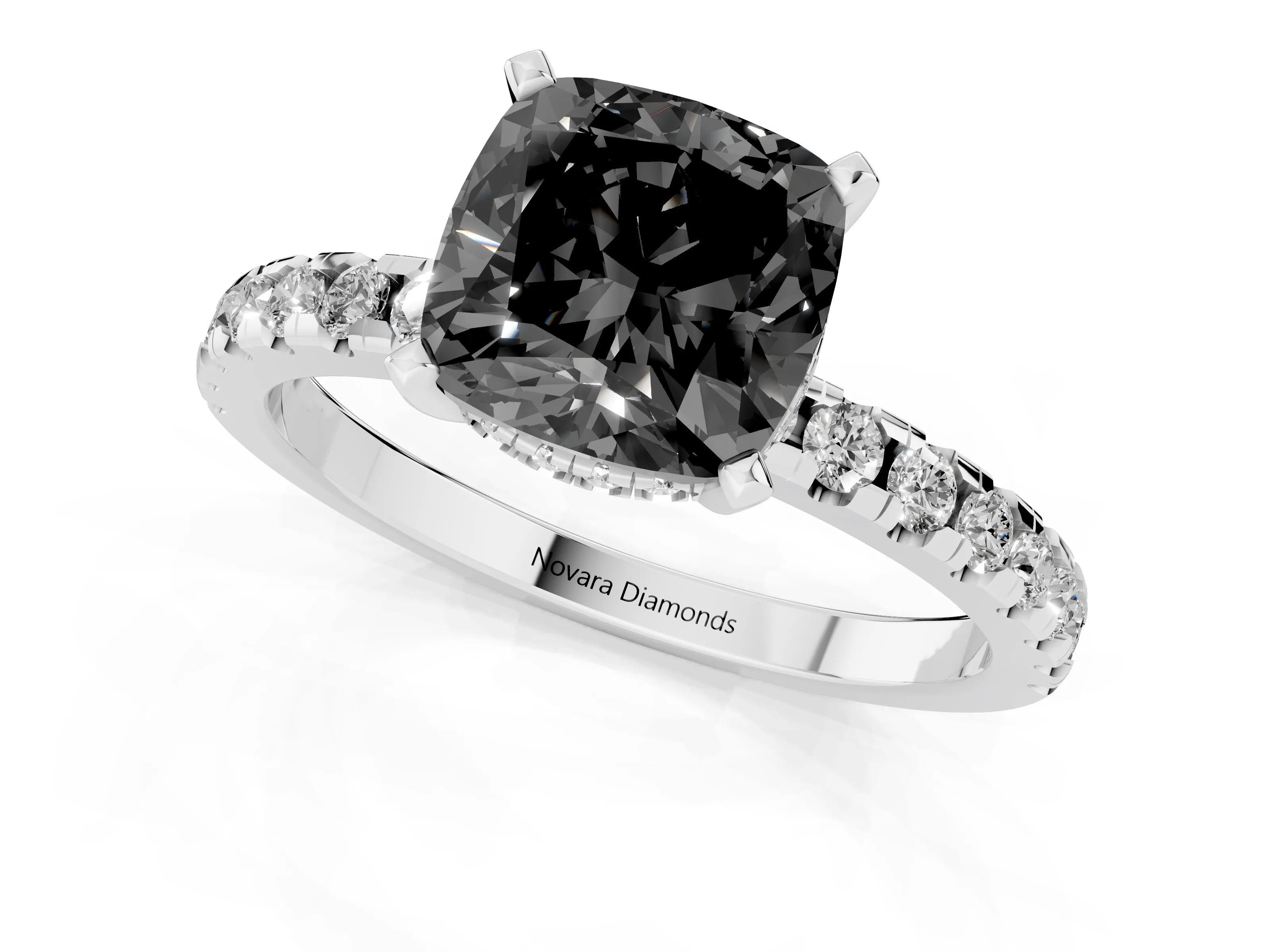 Fancy Black Cushion Cut Diamond Pavé Solitaire Ring Set in Platinum with Round Band Accents and Prong Setting – second view