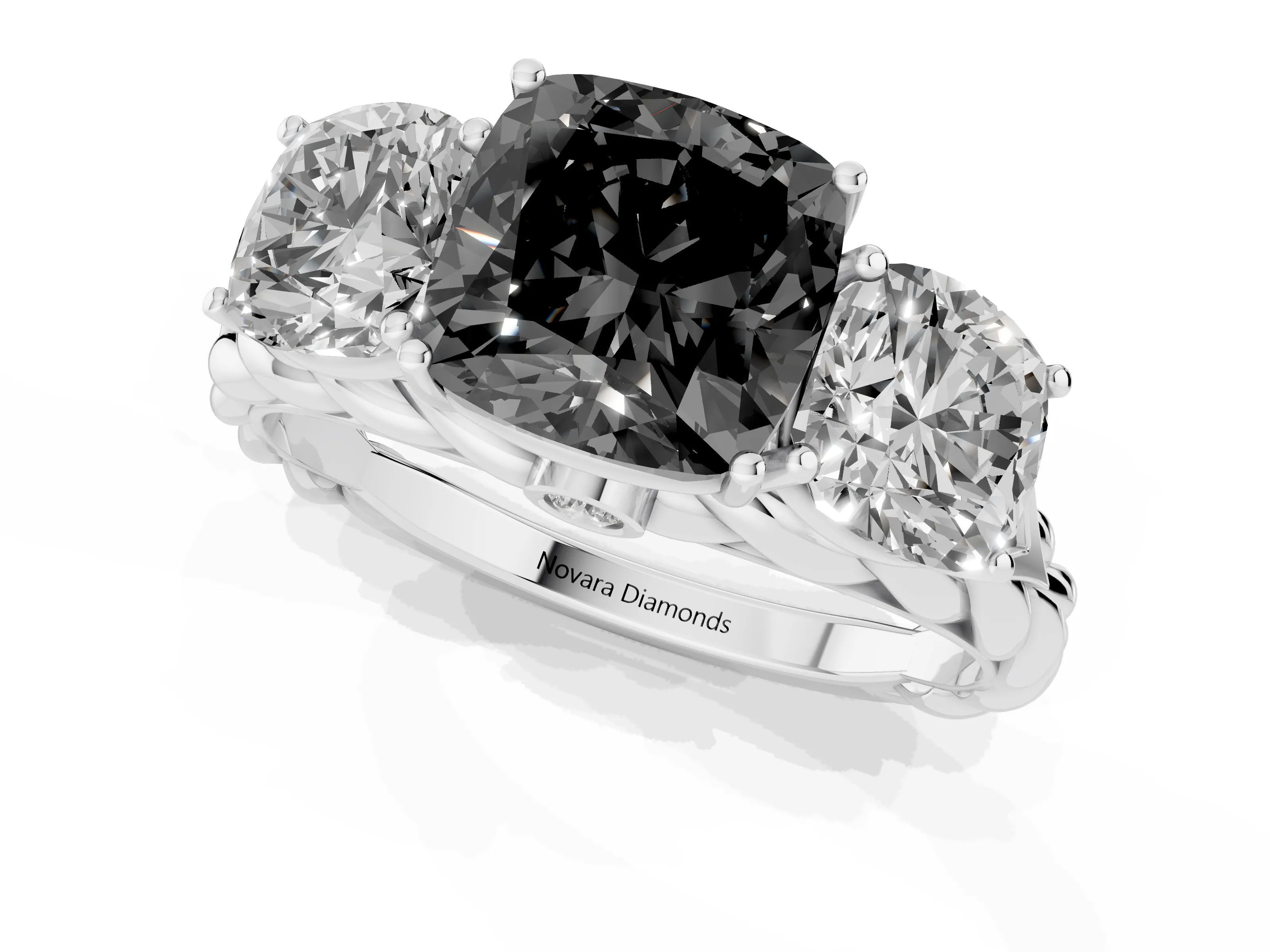 Fancy Black Cushion Cut Diamond Three-Stone Ring Set in Silver with Braided Band