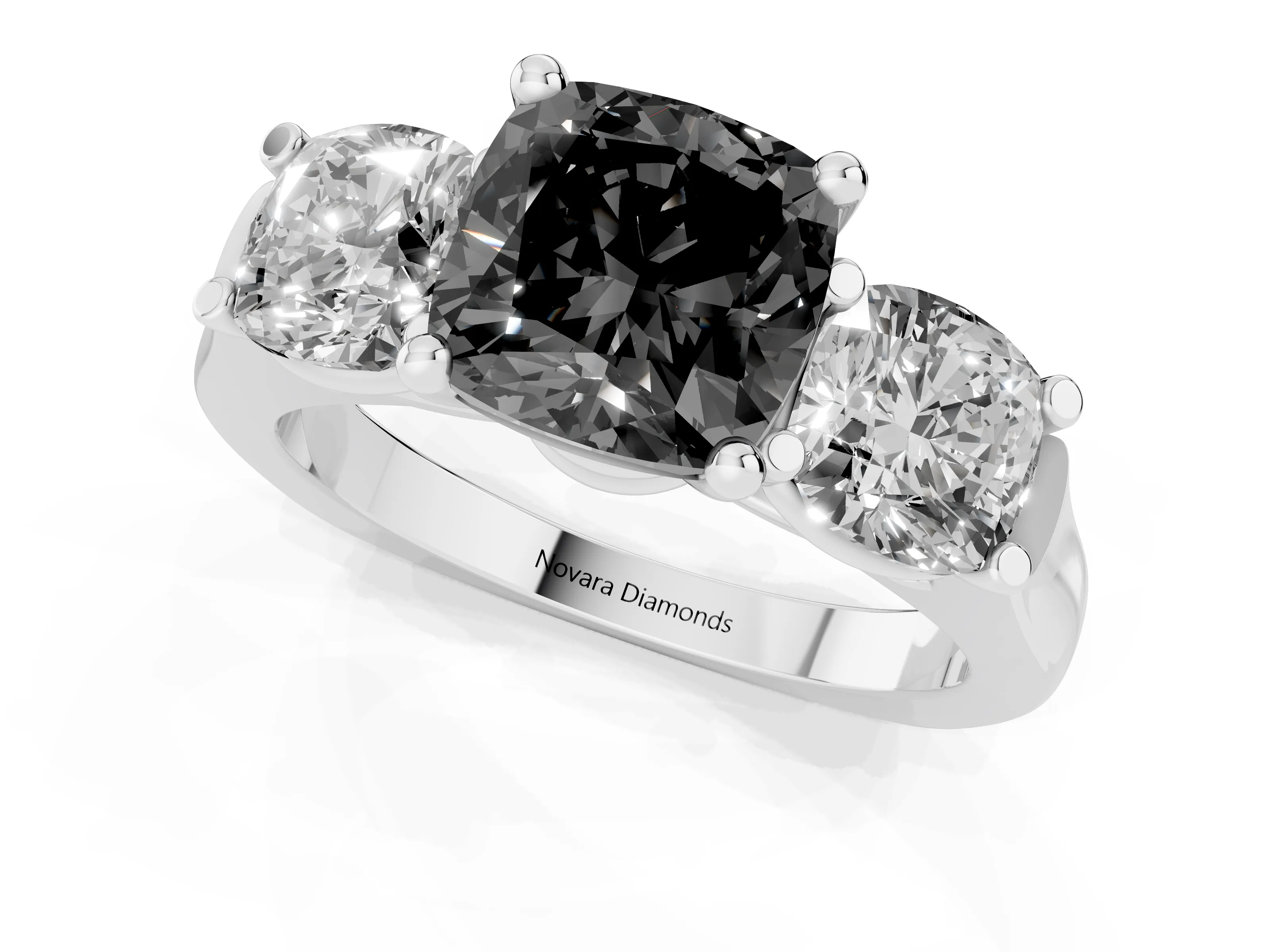 Fancy Black Cushion Cut Diamond Three-Stone Trellis Ring Set in Platinum with Comfort Fit Band