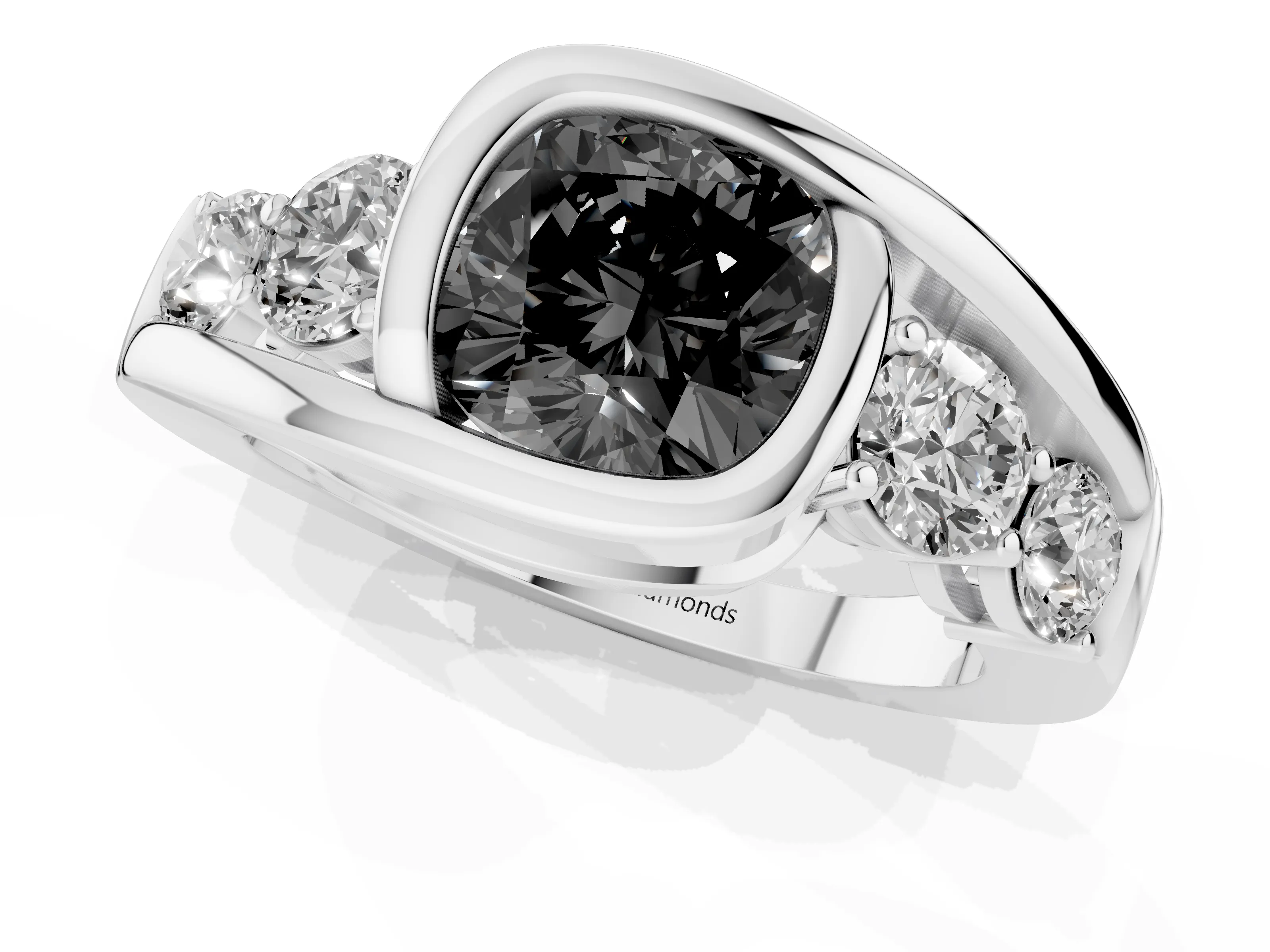 Fancy Black Cushion Cut Diamond Bezel Bypass Ring Set in Platinum with Round Accents