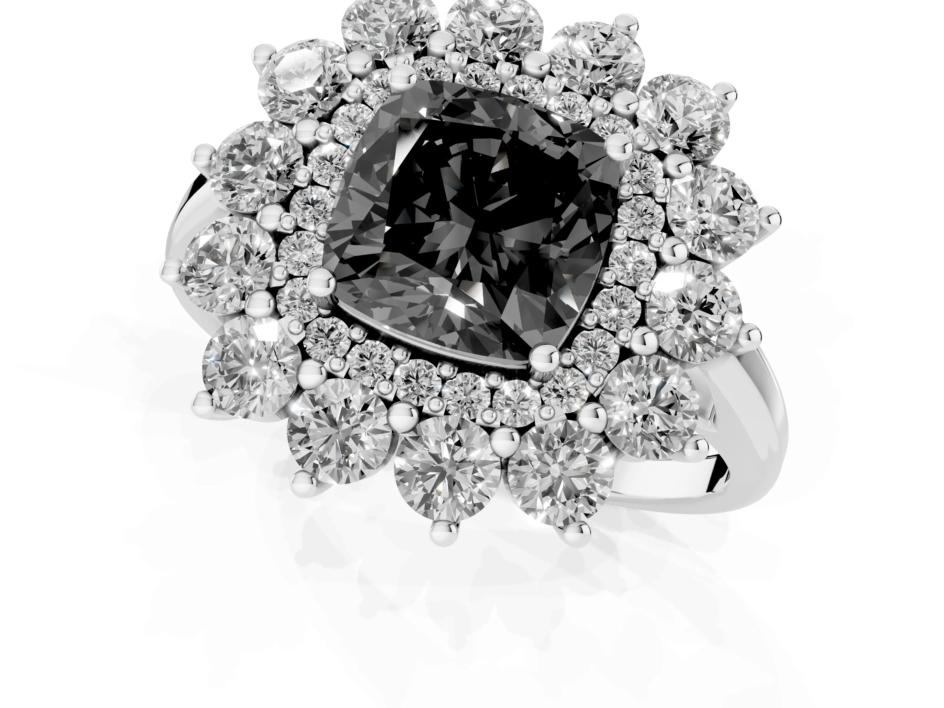 Fancy Black Cushion Cut Diamond Floral Double Halo Ring Set in Platinum with Round Petals