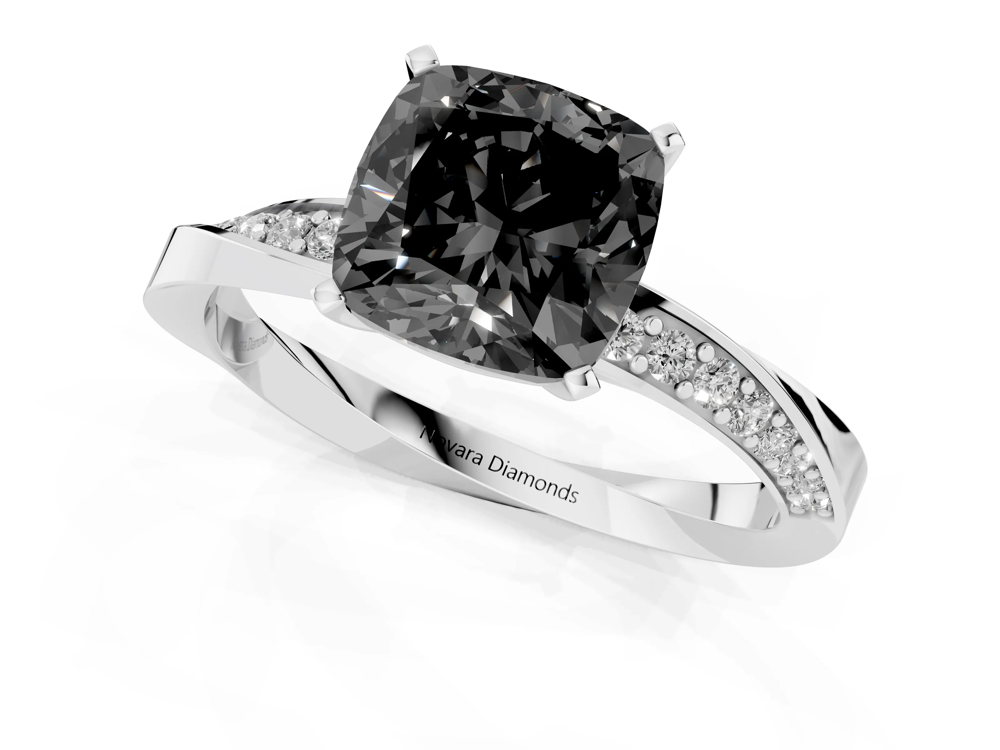 Fancy Black Cushion Cut Diamond Engagement Ring Set in Platinum with Side Stone Accents and Prong Setting – second view