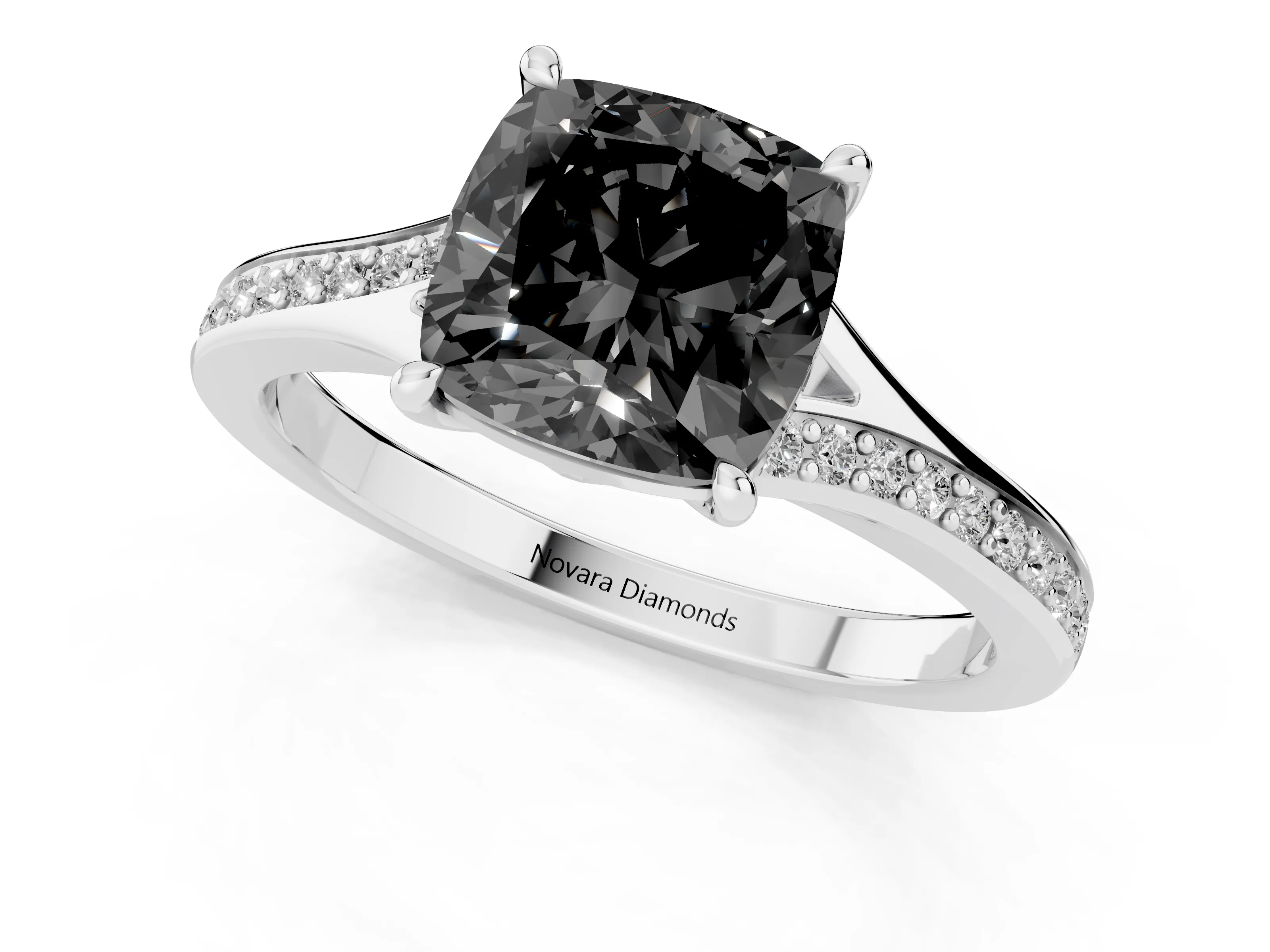 Fancy Black Cushion Cut Diamond Solitaire Ring Set in Platinum with Pavé Accent Band and Classic Prong Setting