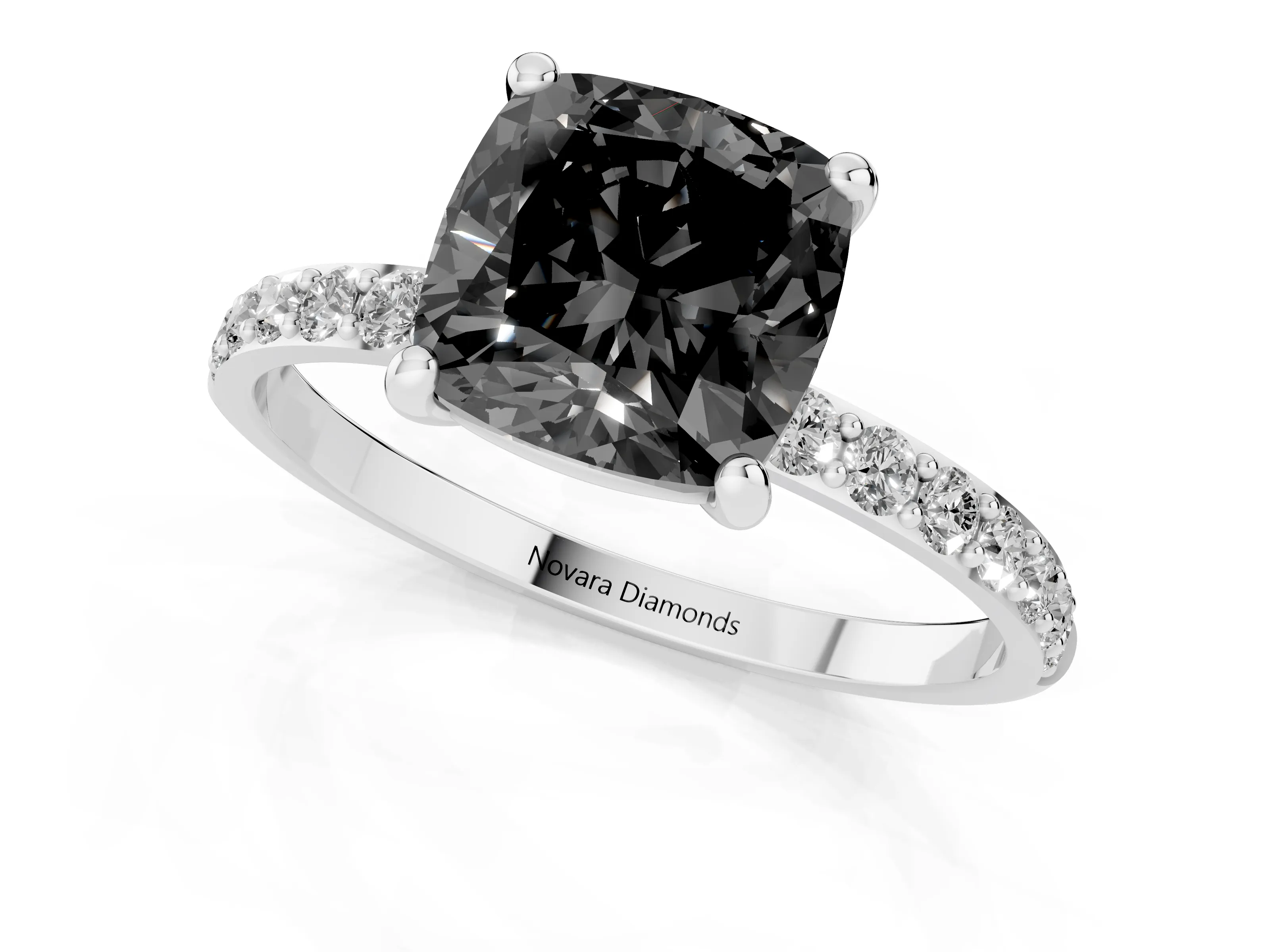 Fancy Black Cushion Cut Diamond Solitaire Ring Set in Platinum with Round Pavé Band and Prong Setting