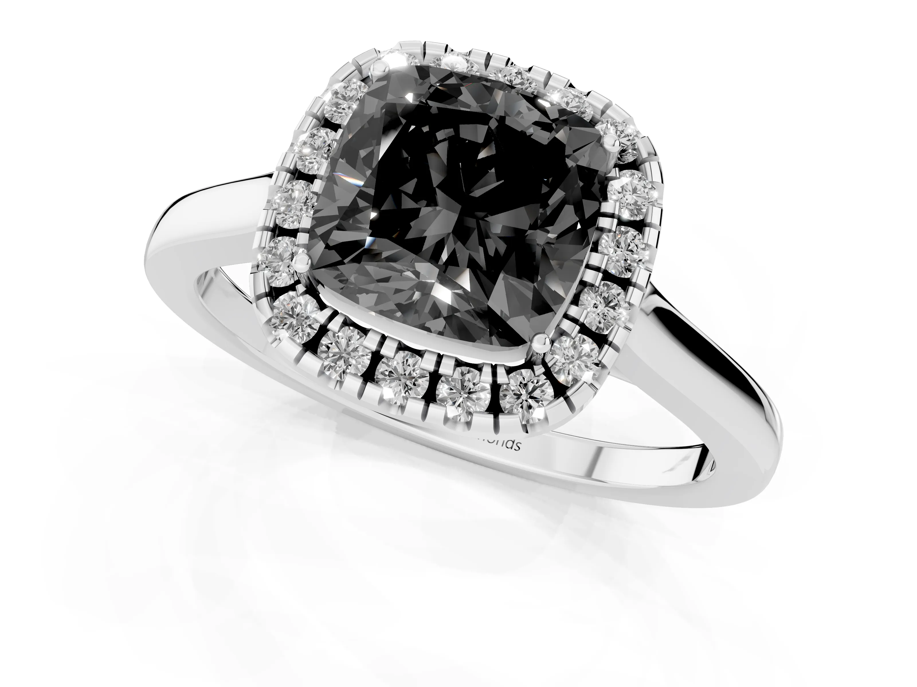 Fancy Black Cushion Cut Halo Round Diamond Solitaire Ring Set in Platinum with Pavé Band and Prong Setting