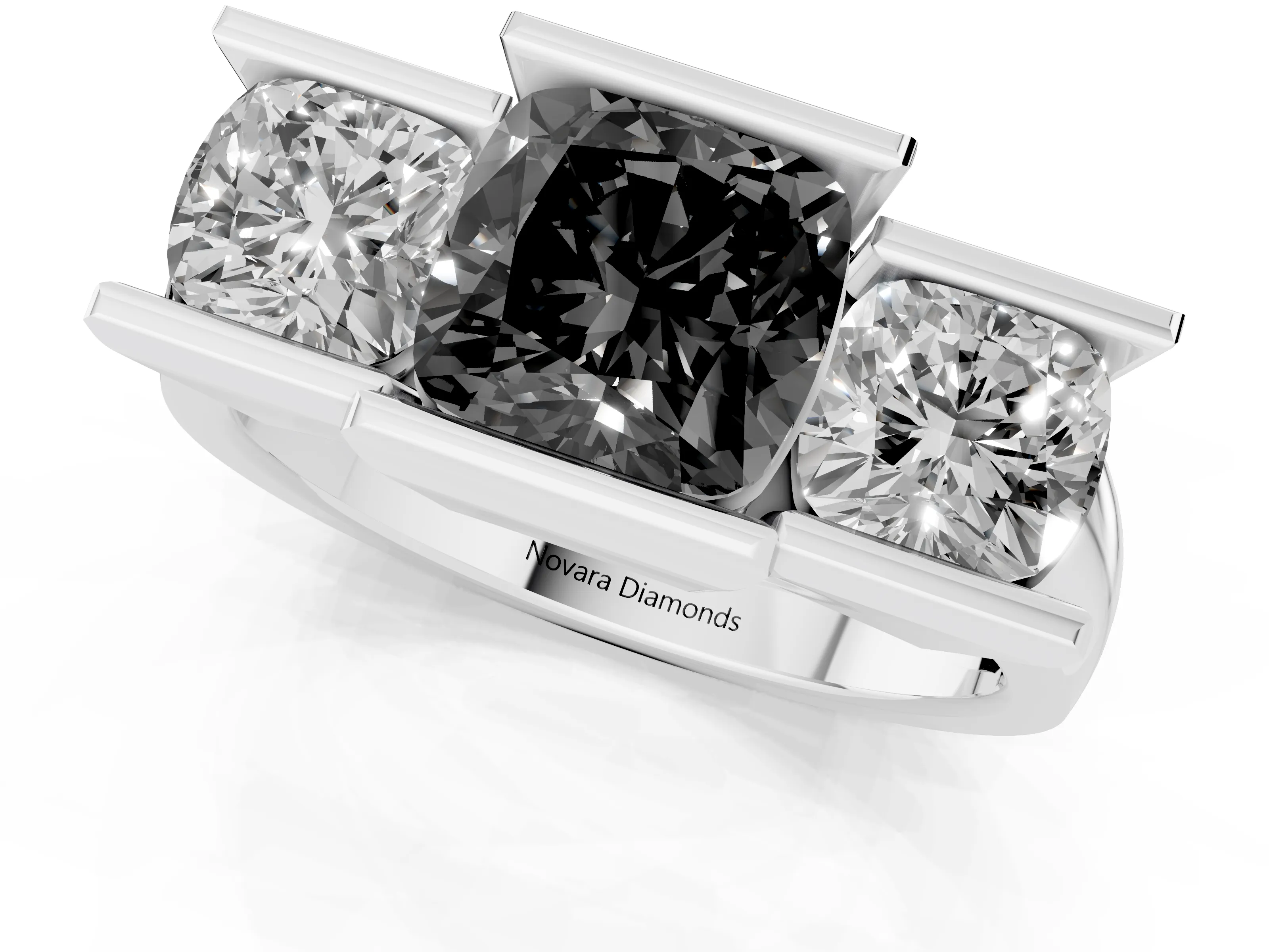 Fancy Black Cushion Cut Diamond Three-Stone Channel Set Ring Set in Silver with Smooth Polished Band