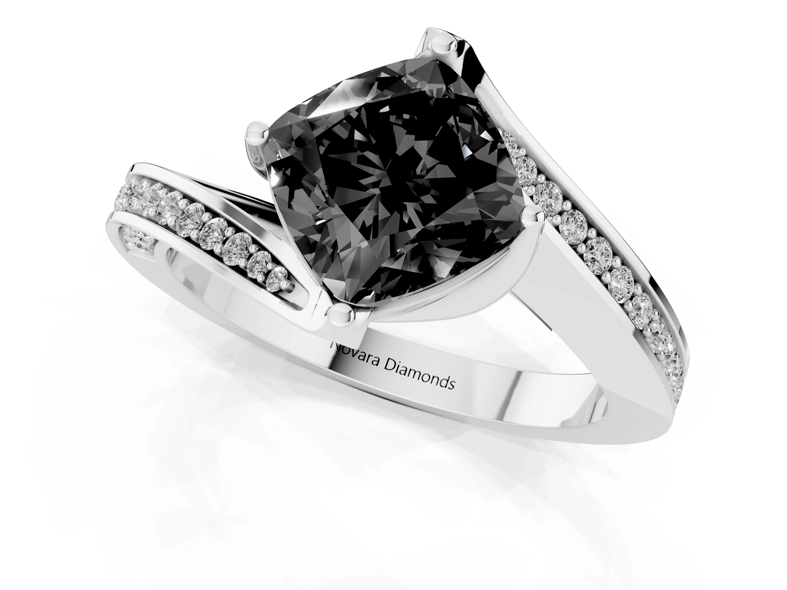 Fancy Black Cushion Cut Diamond Solitaire Ring Set in Platinum with Intertwined Pavé Twist Band