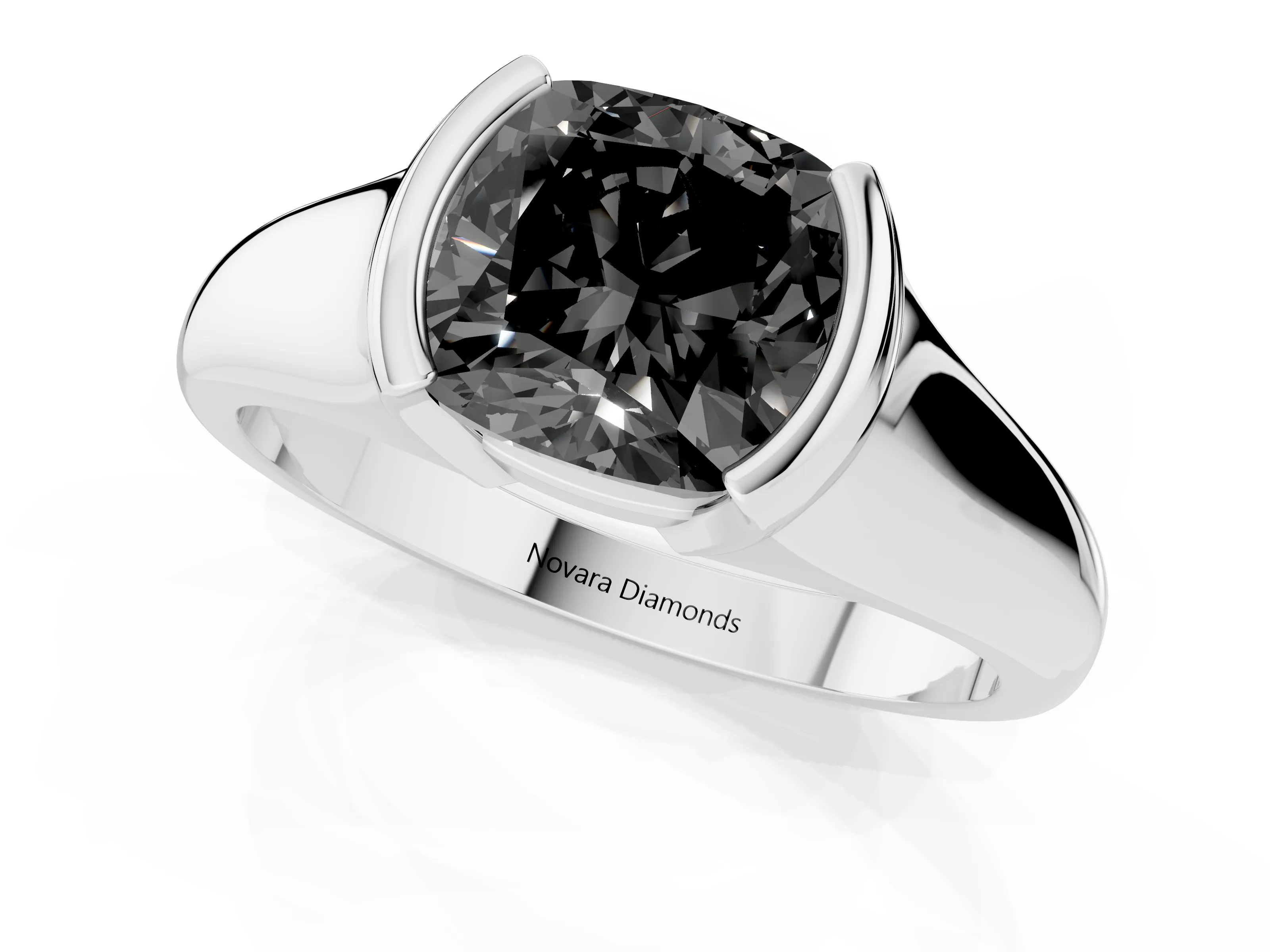 Fancy Black Cushion Cut Diamond Solitaire Tension Set Ring Set in Silver with Split Shank Band