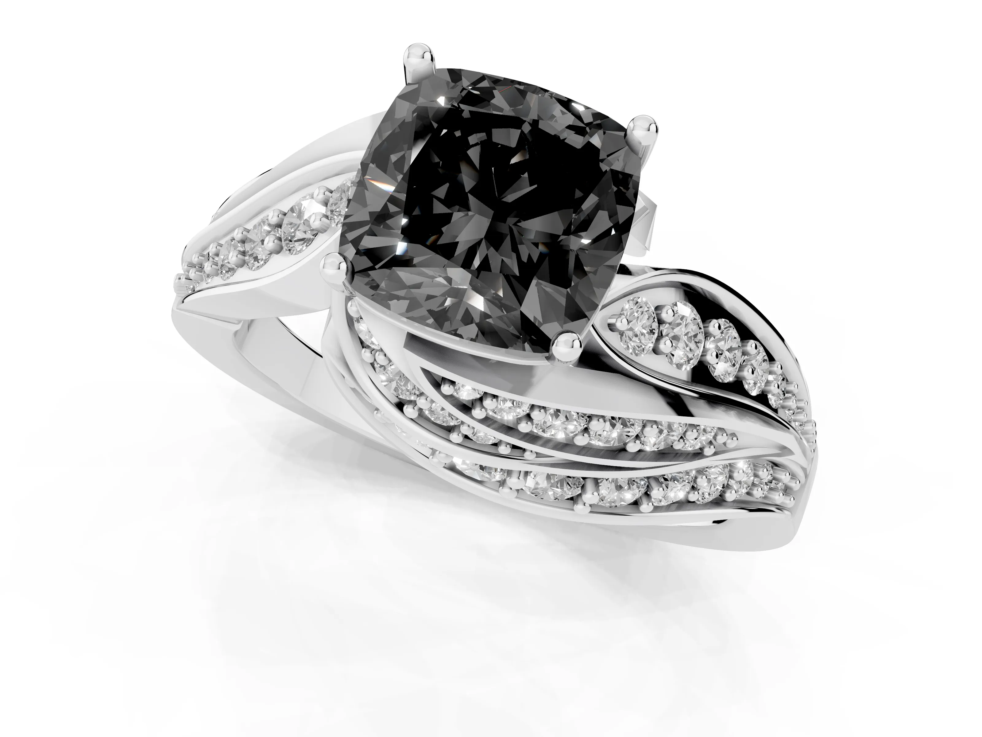 Fancy Black Cushion Cut Diamond Solitaire Ring Set in Platinum with Layered Twist Pavé Band
