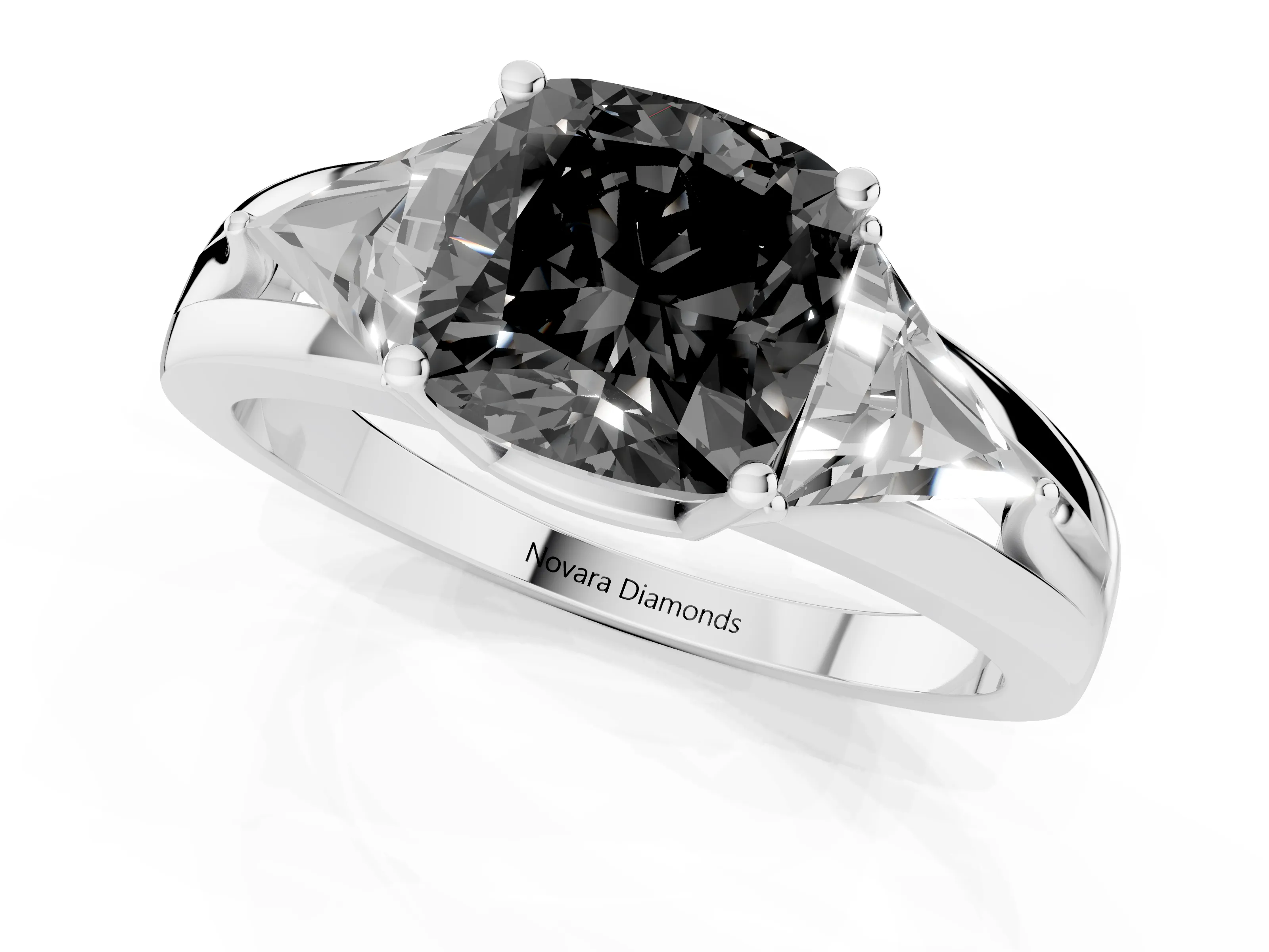Fancy Black Cushion Cut Diamond Three-Stone Ring Set in Silver with Trillion Side Stones and Split Shank