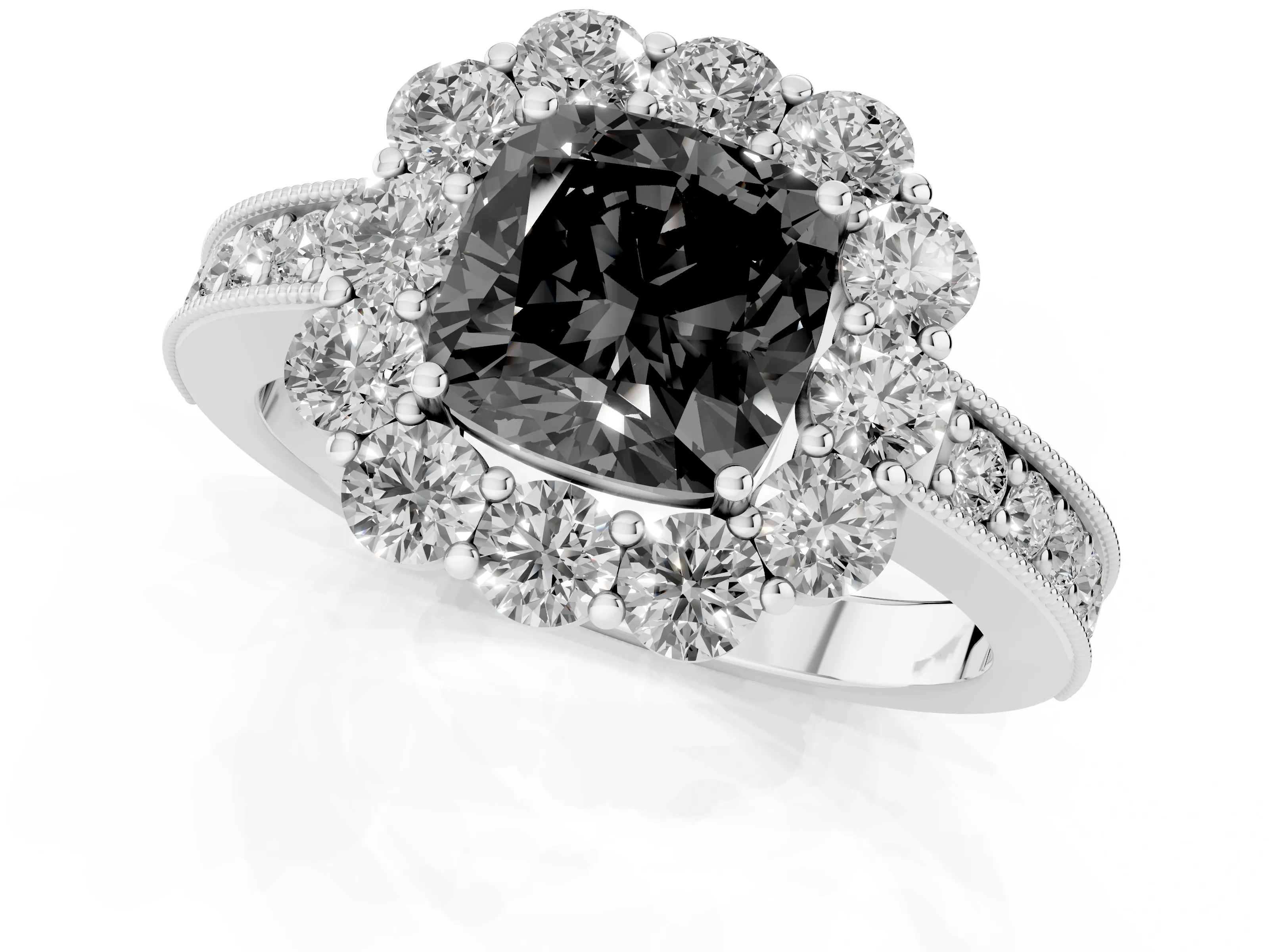 Fancy Black Cushion Cut Diamond Halo Pavé Engagement Ring Set in White gold with Milgrain Detailing