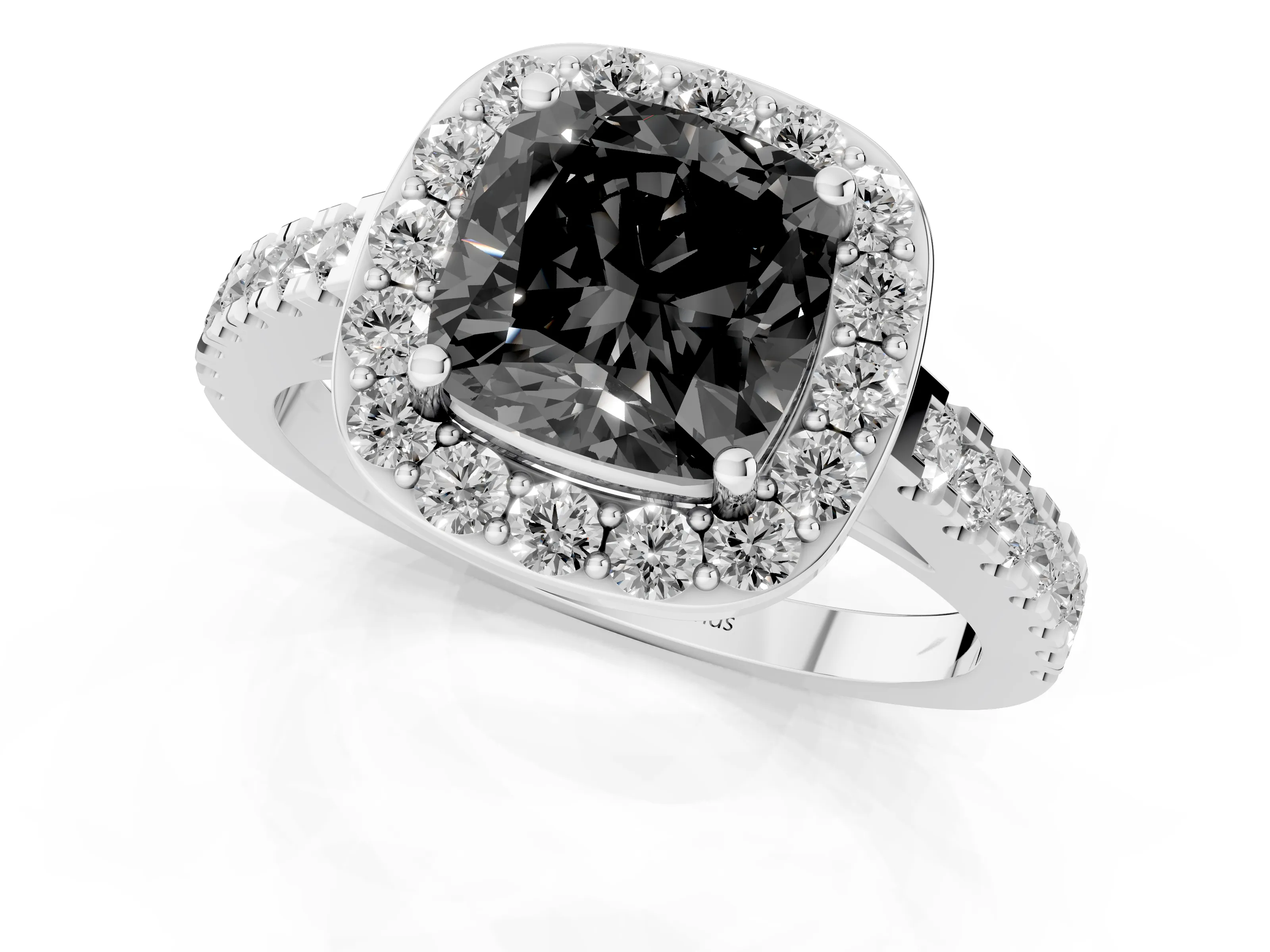 Fancy Black Cushion Cut Diamond Halo Ring Set in Silver with Round Pavé Split Shank and Prong Setting