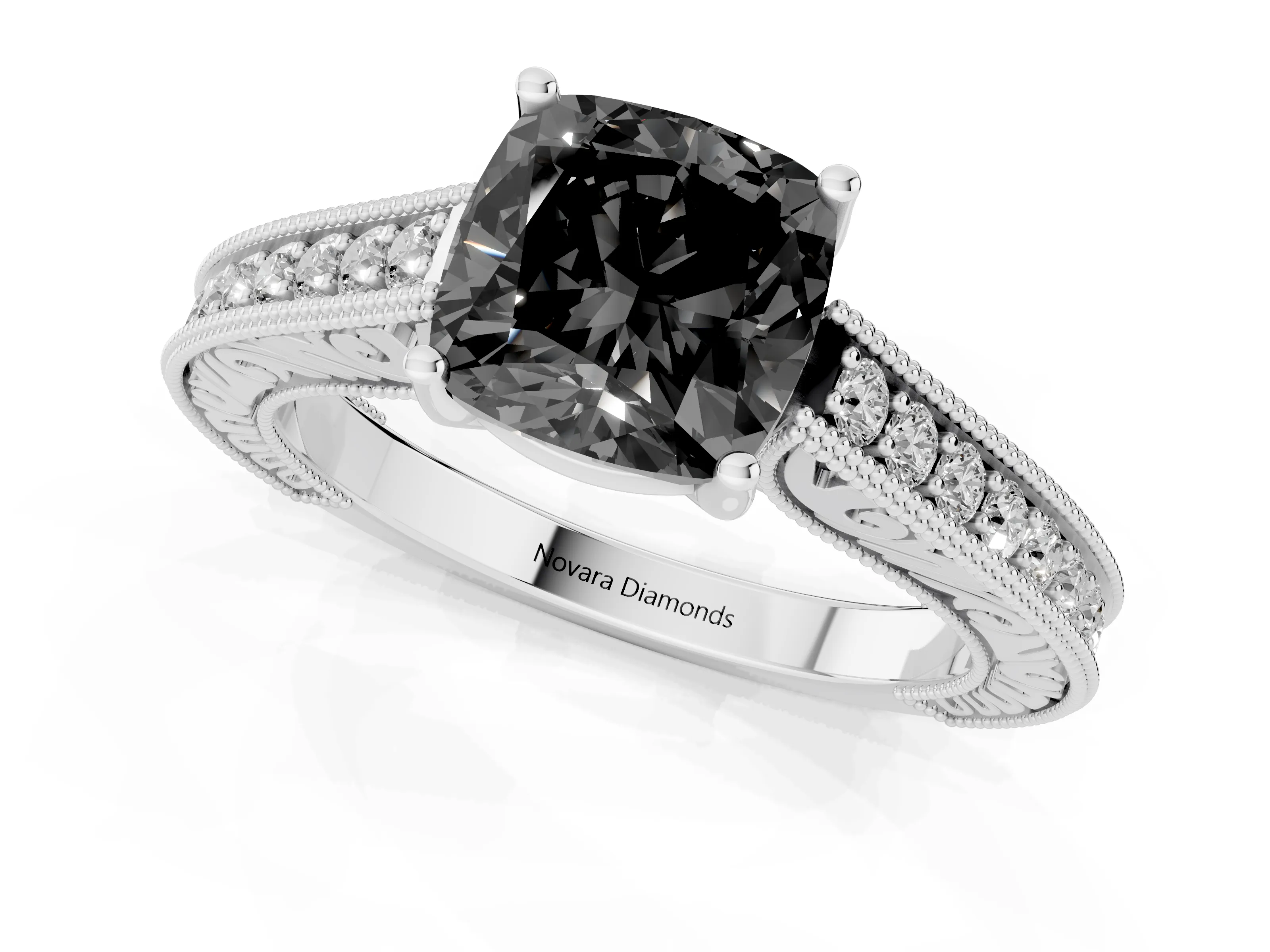Fancy Black Cushion Cut Diamond Milgrain Pavé Band Solitaire Ring Set in White gold with Prong Setting