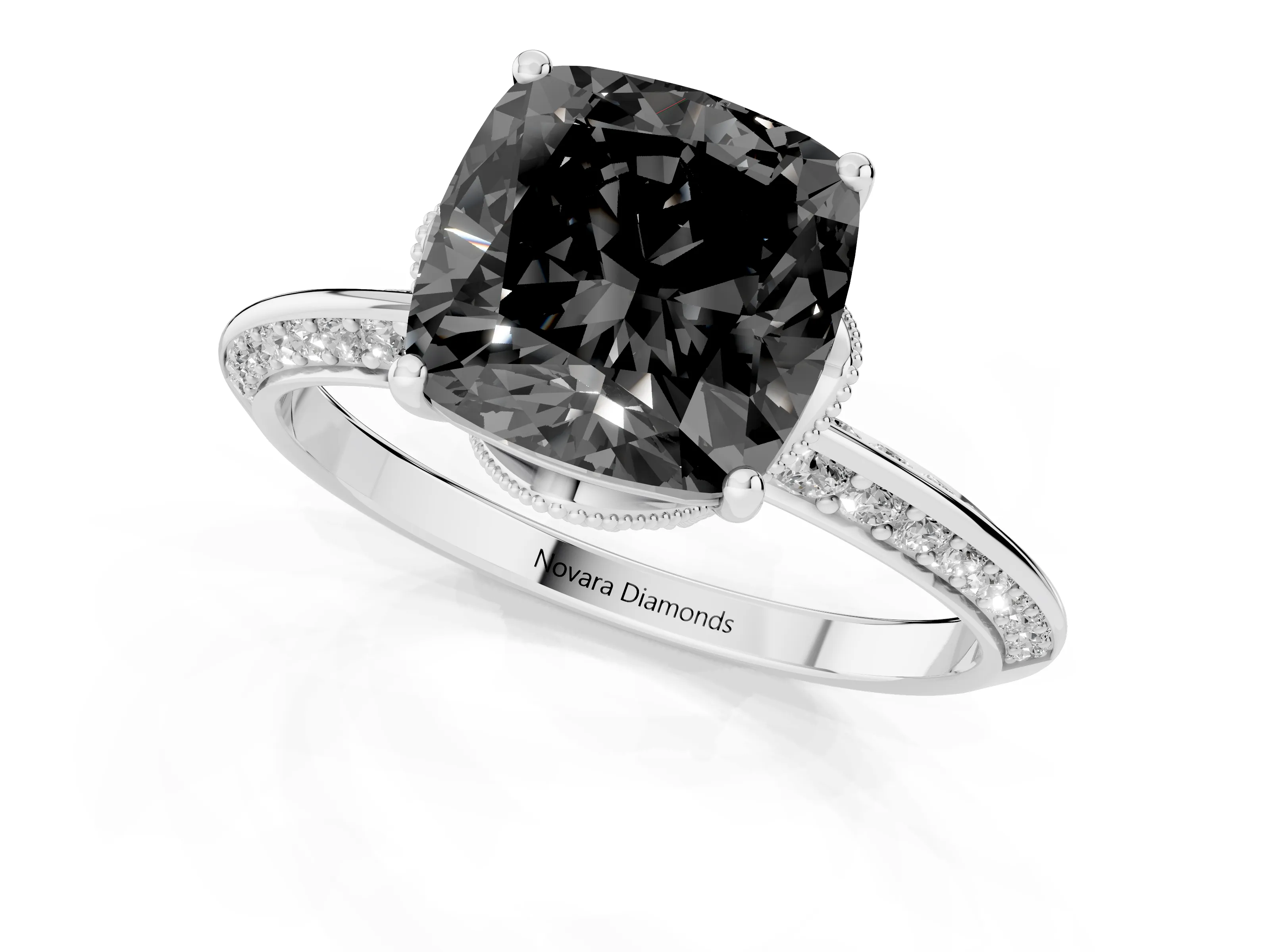 Fancy Black Cushion Cut Diamond Solitaire Engagement Ring Set in White gold with Pavé Split Shank and Prong Setting