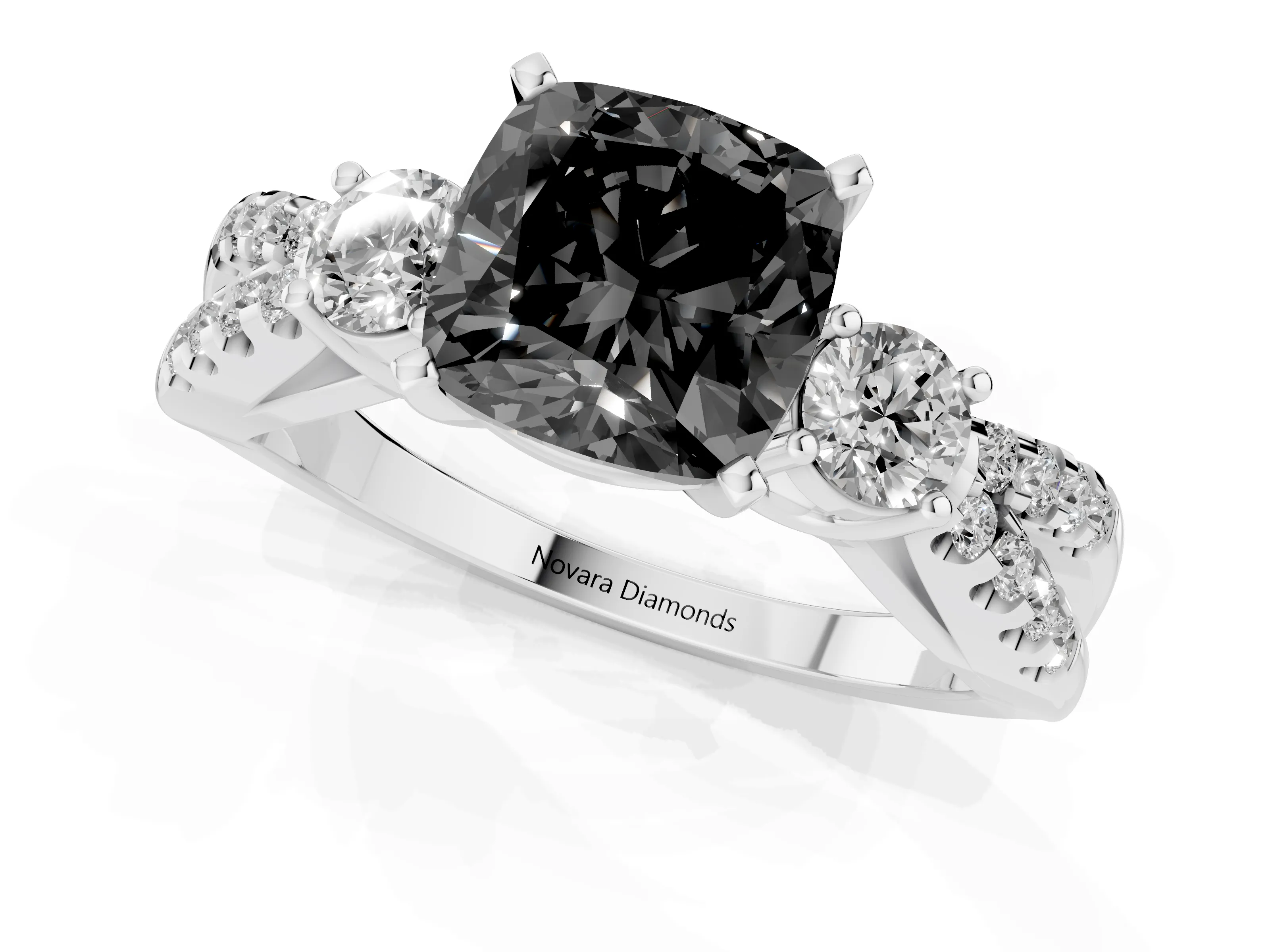 Fancy Black Cushion Cut Diamond Three-Stone Ring Set in Silver with Pavé Split Shank and Prong Setting