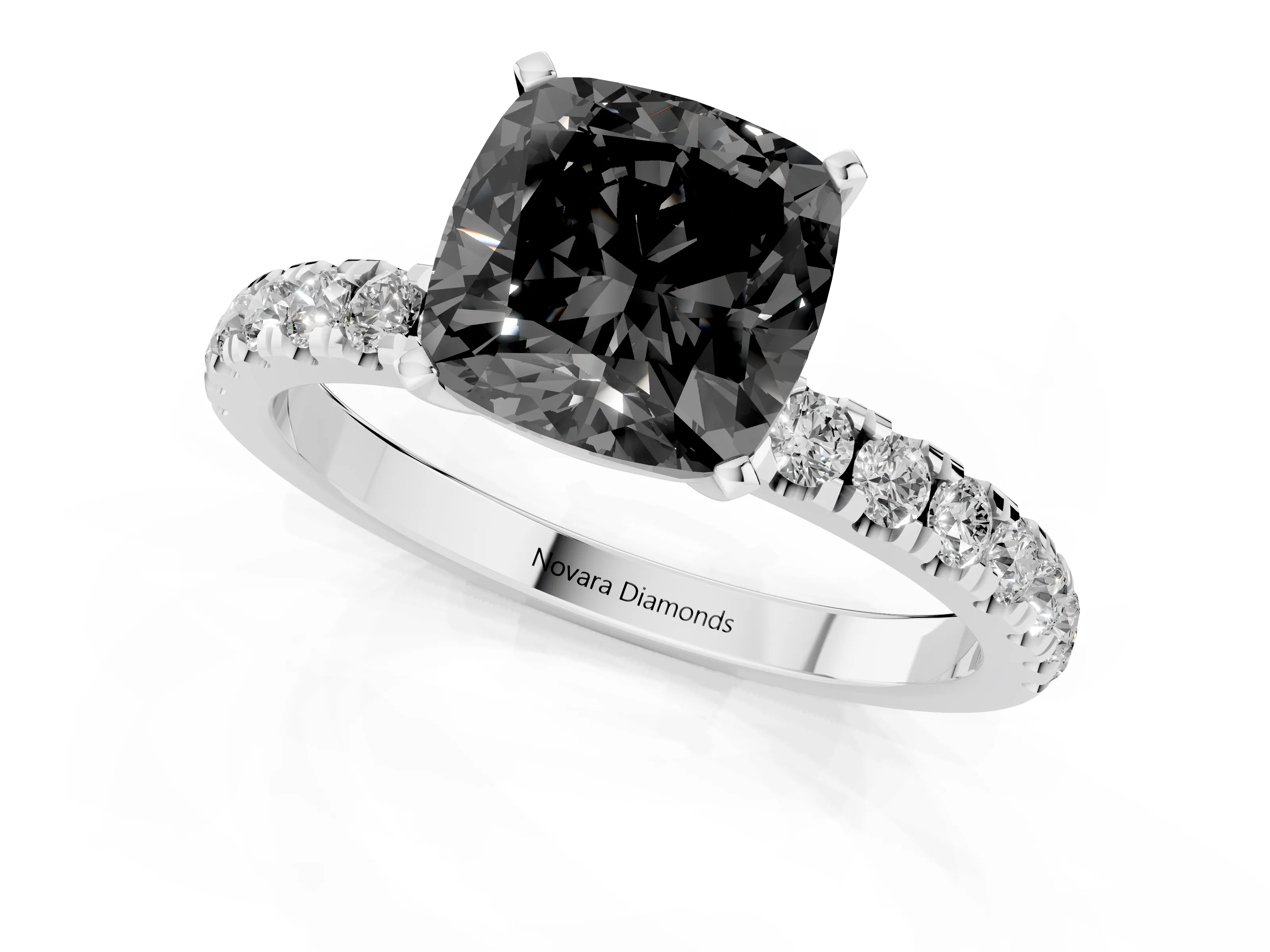 Fancy Black Cushion Cut Diamond Solitaire Ring Set in Silver with Pavé Accents and Prong Setting