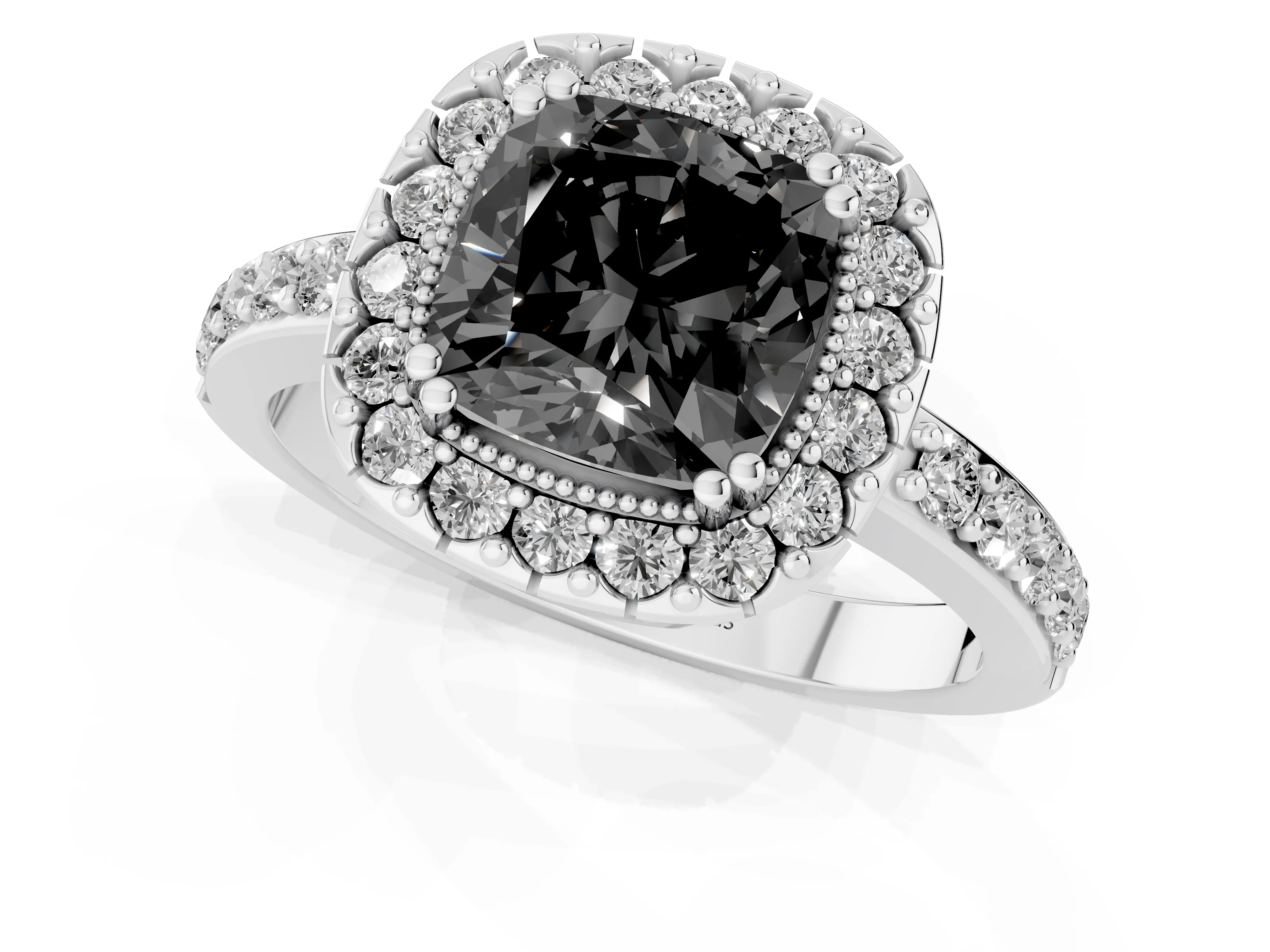 Fancy Black Cushion Cut Diamond Halo Ring Set in White gold with Pavé Shank and Prong Setting