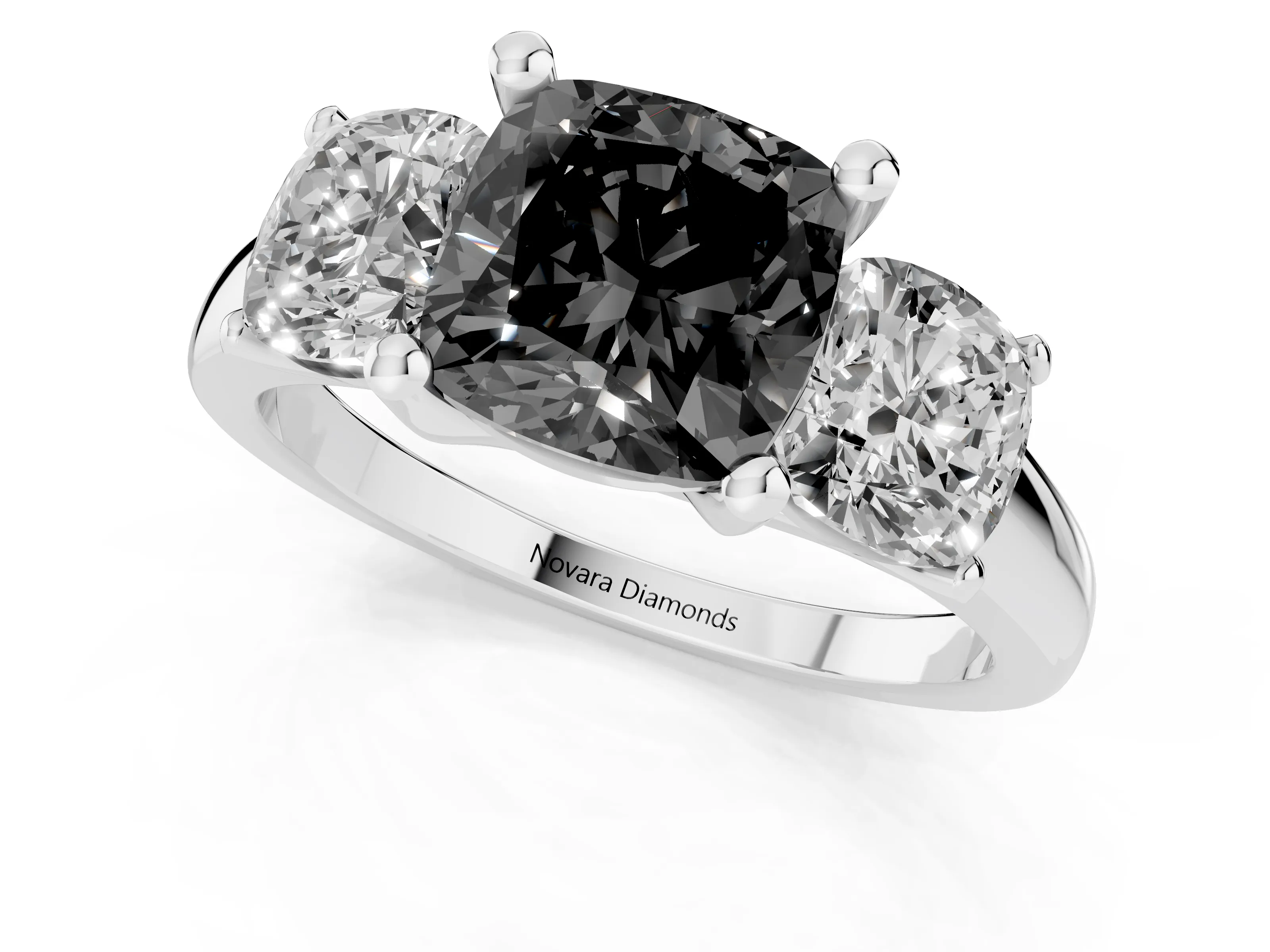 Fancy Black Cushion Cut Diamond Three-Stone Ring Set in White gold with Classic Prong Setting and Plain Band