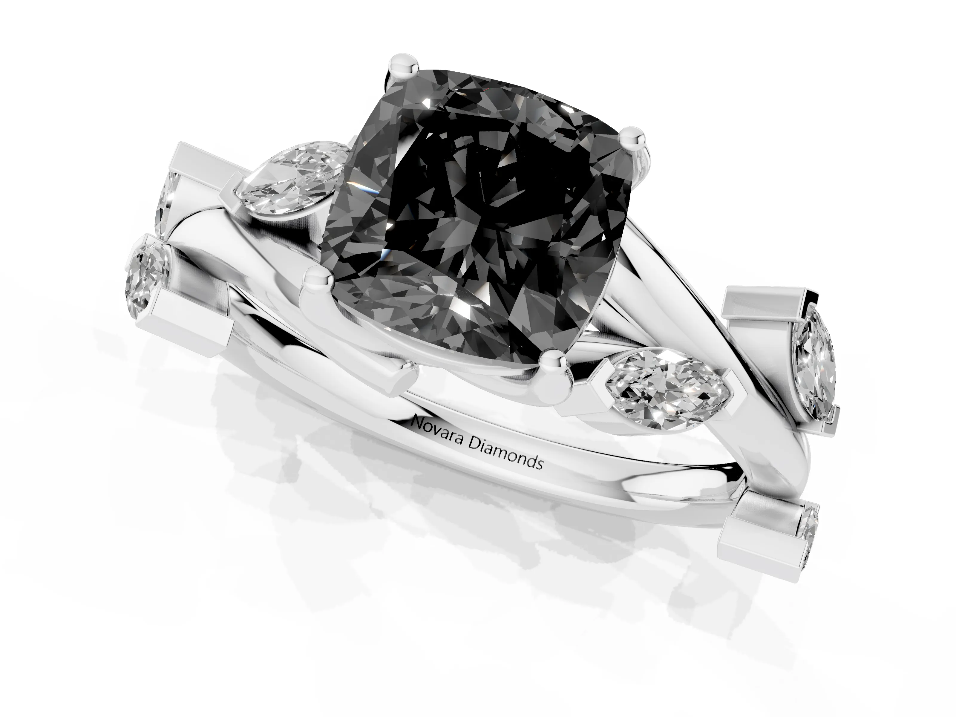 Fancy Black Cushion Cut Diamond Solitaire Ring Set in White gold with Twisted Marquise Accent Band