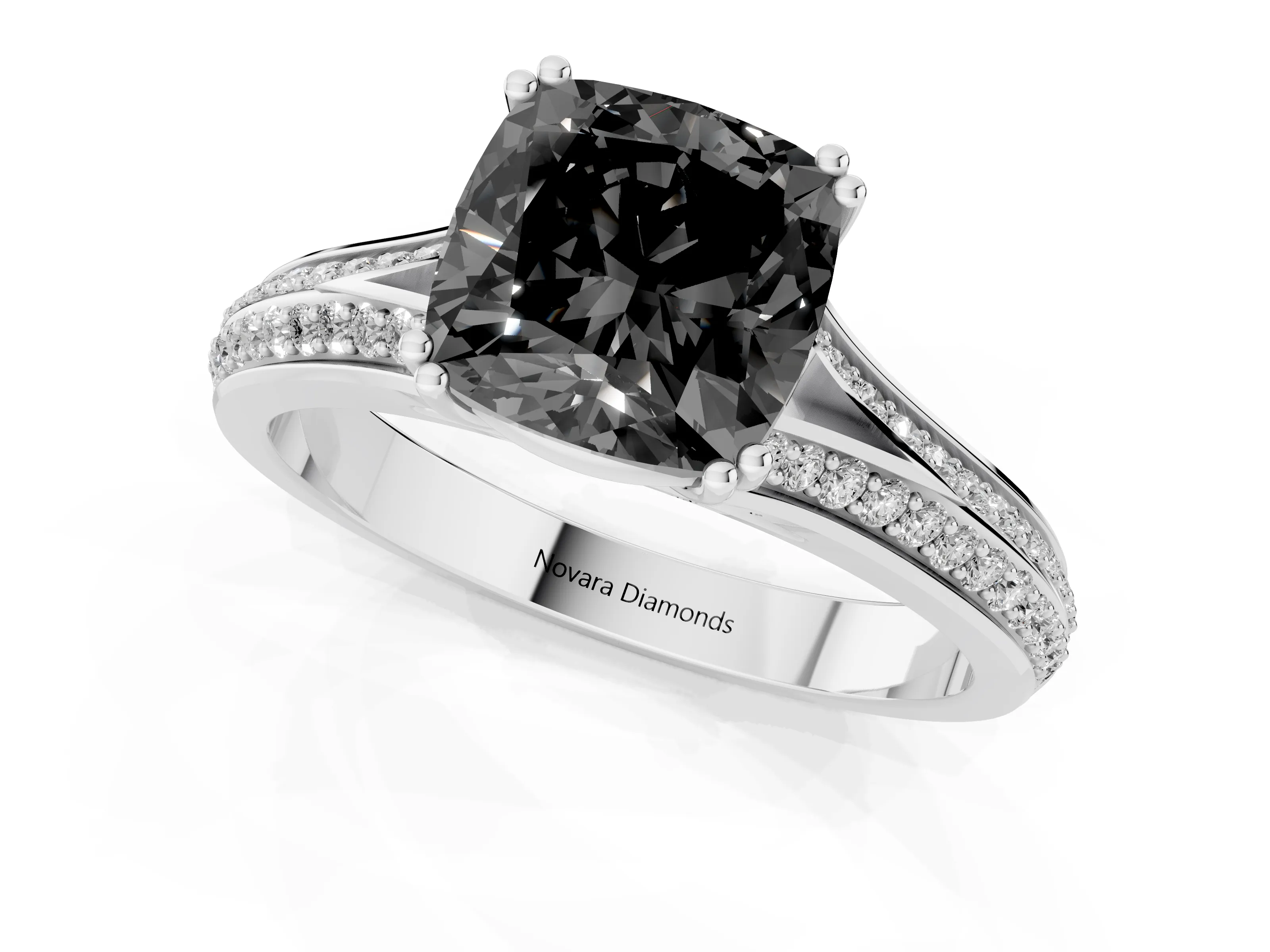 Fancy Black Cushion Cut Diamond Split Shank Pavé Engagement Ring Set in Platinum with Prong-Set Center Stone