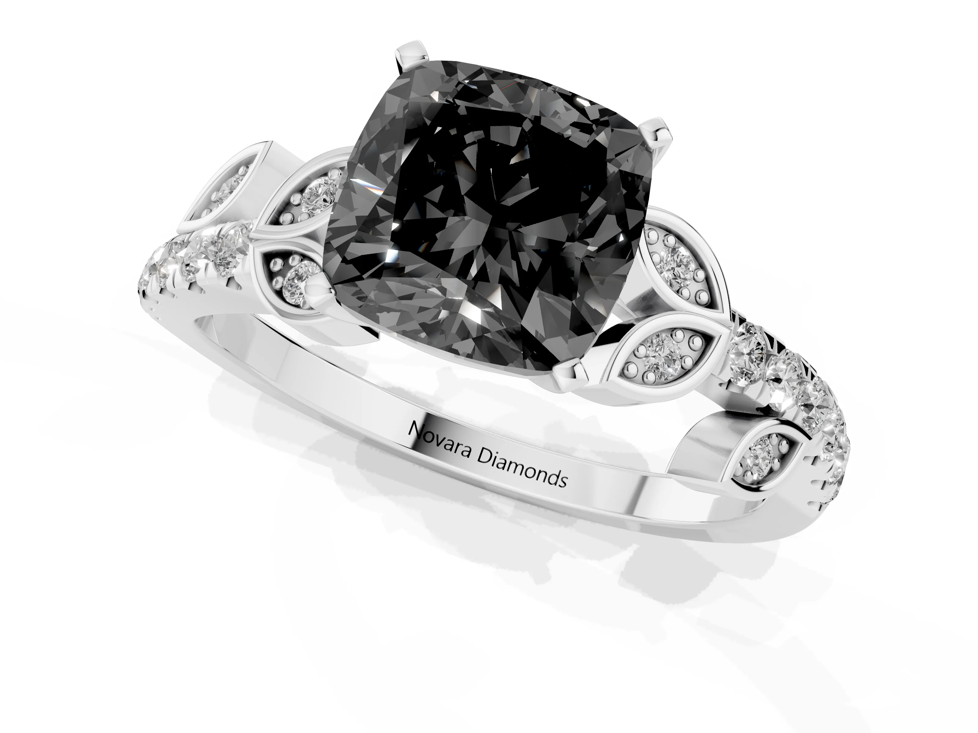 Fancy Black Cushion Cut Diamond Solitaire Leaf-Inspired Ring Set in Platinum with Pavé Band and Prong Setting