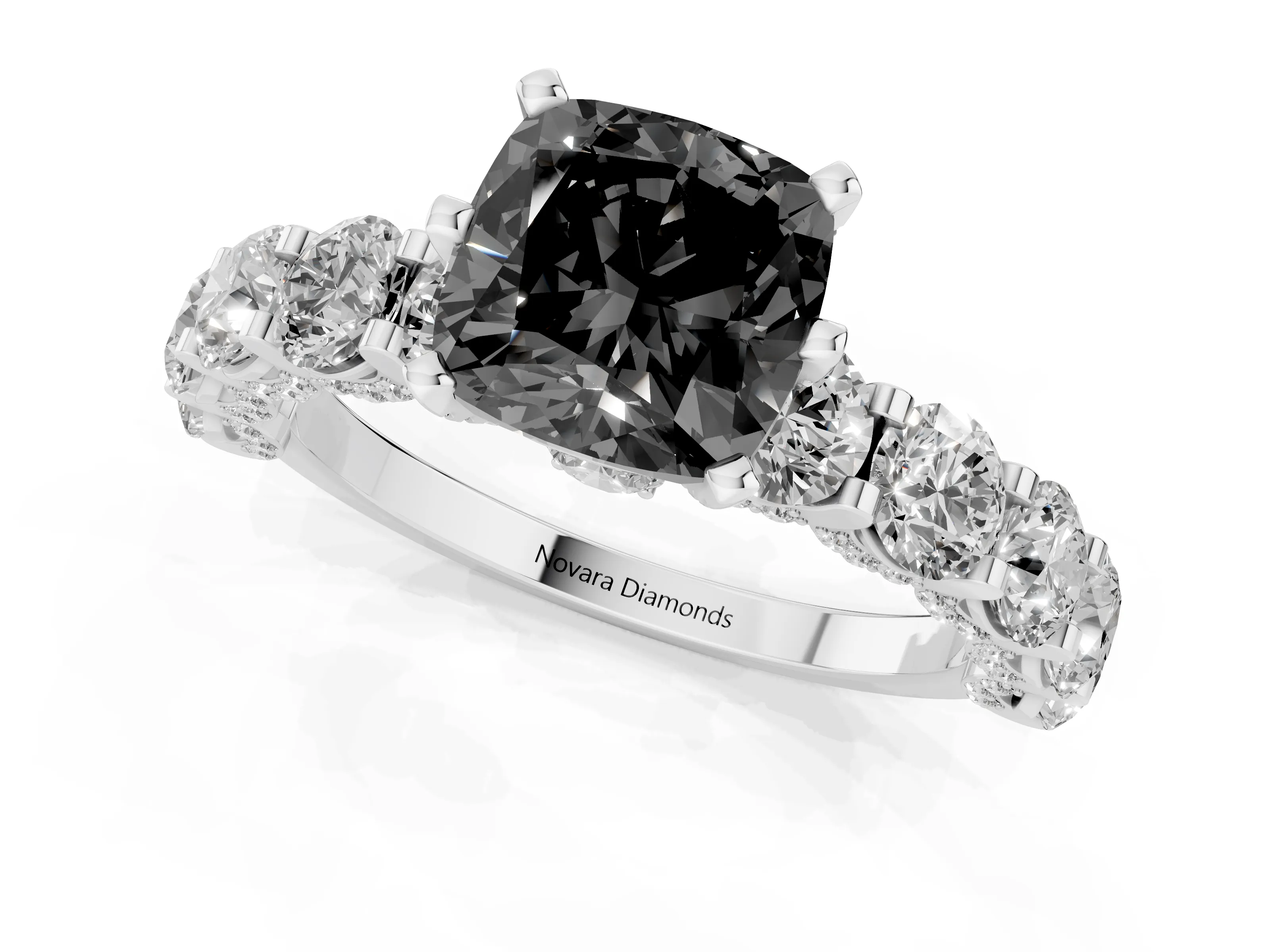 Fancy Black Cushion Cut Diamond Side Stone Ring Set in Platinum with Alternating Round and Oval Side Stones