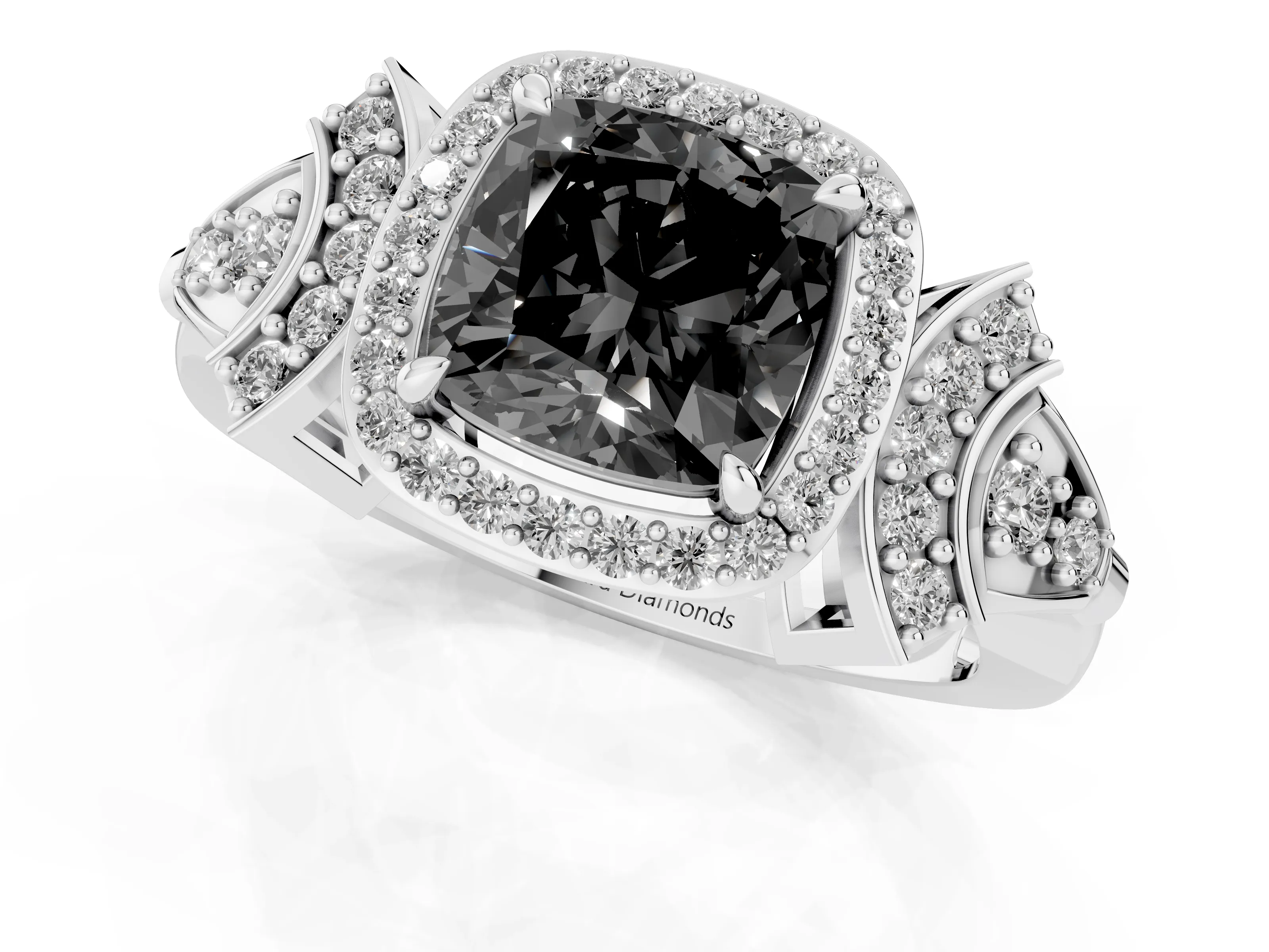 Fancy Black Cushion Cut Diamond Halo Engagement Ring Set in White gold with Accent Stone Split Shank