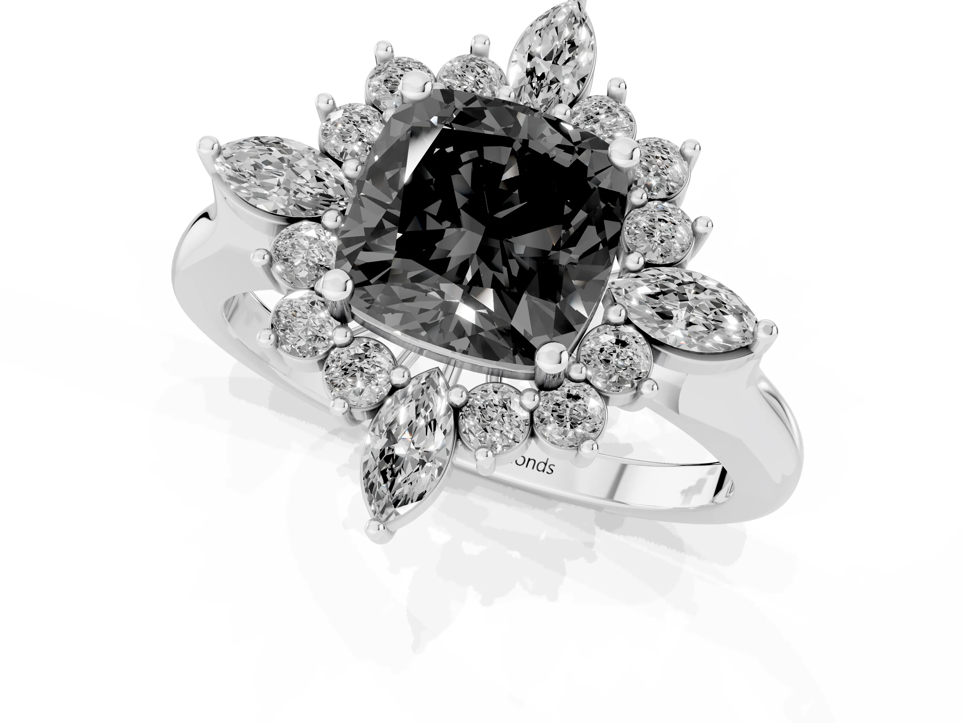 Fancy Black Cushion Cut Diamond Cluster Halo Ring Set in Platinum with Marquise and Round Accents