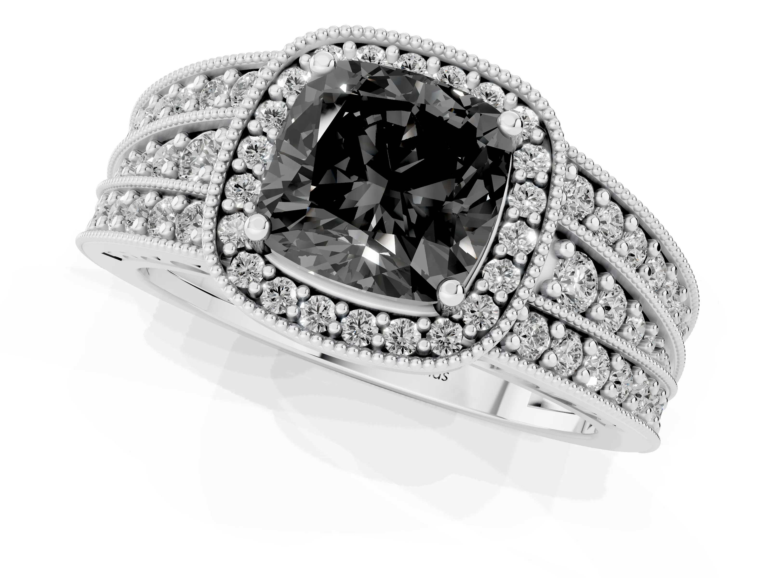 Fancy Black Cushion Cut Diamond Halo Ring Set in Silver with Accent Split Shank and Prong Setting