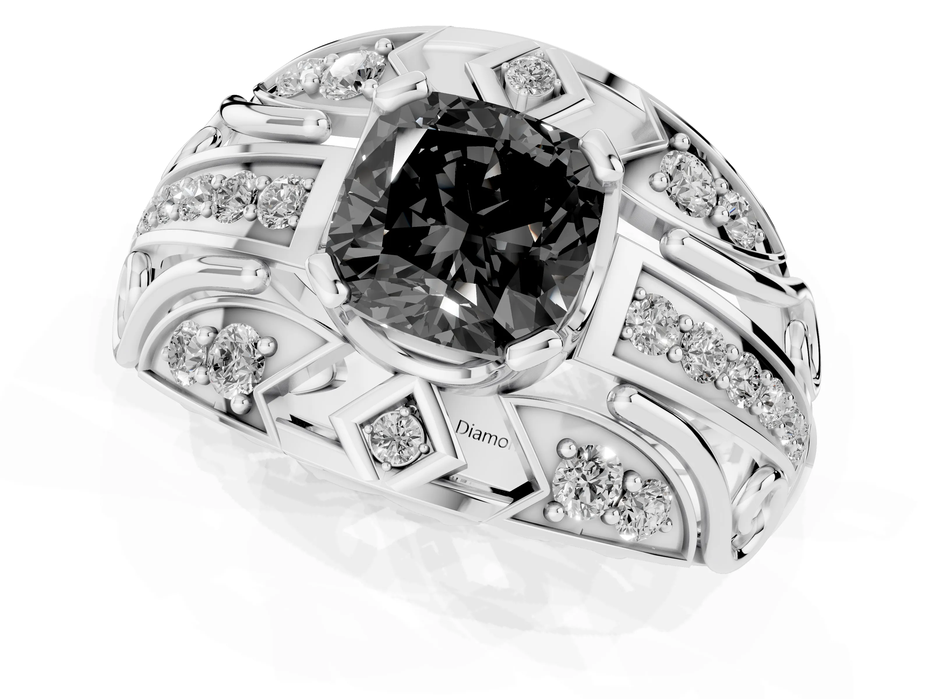 Fancy Black Cushion Cut Diamond Art Deco Ring Set in Silver with Pavé Split Shank