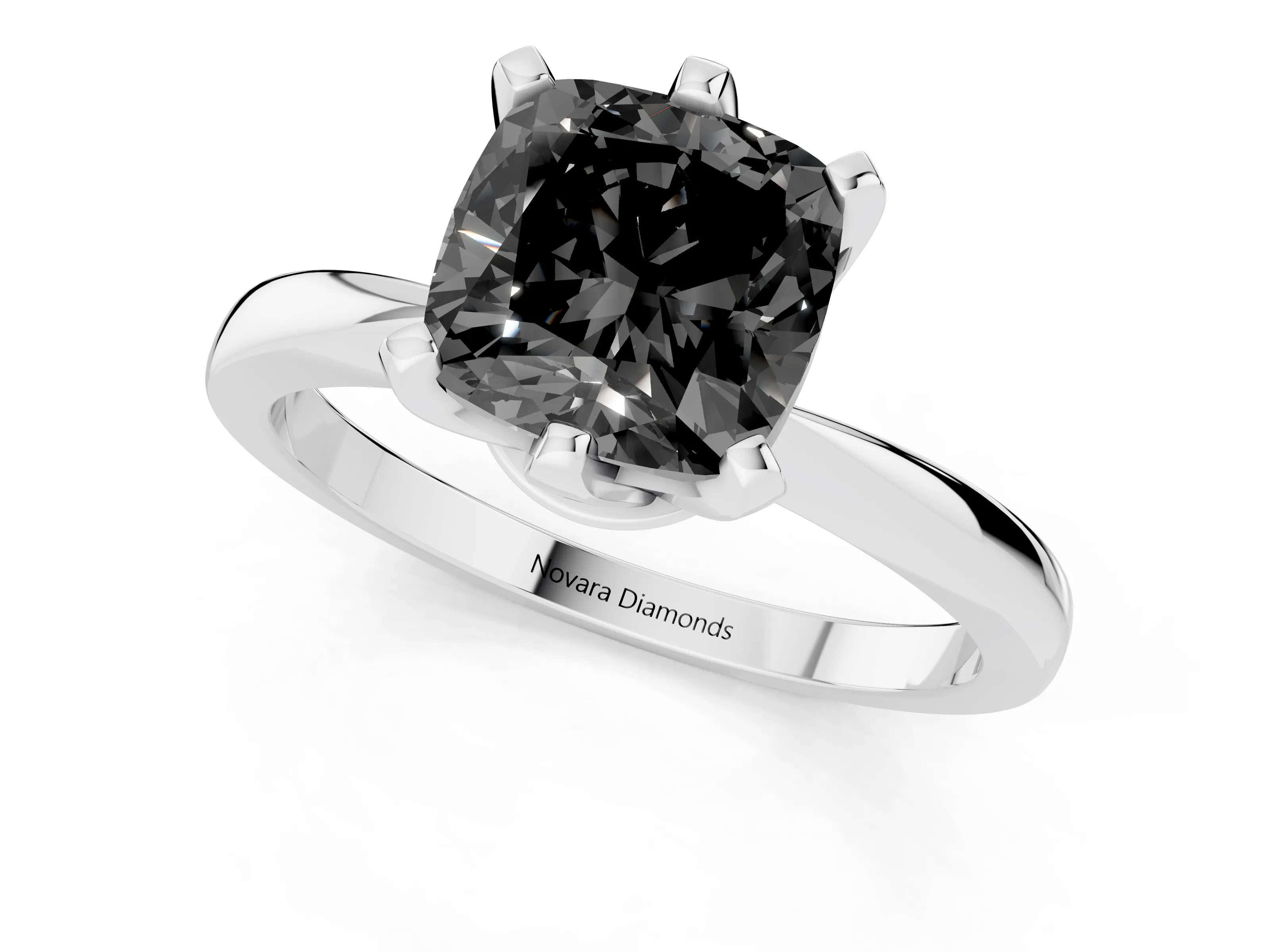Fancy Black Cushion Cut Diamond Solitaire Engagement Ring Set in White gold with Slim Tapered Solitaire Band