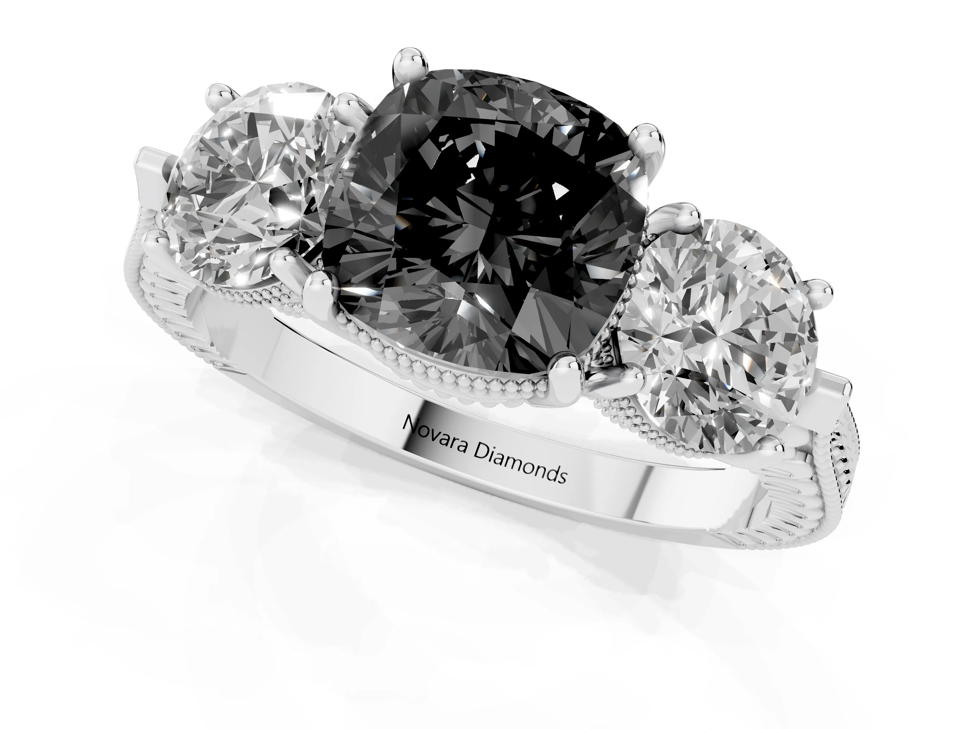 Fancy Black Cushion Cut Diamond Three-Stone Ring Set in White gold with Milgrain Band