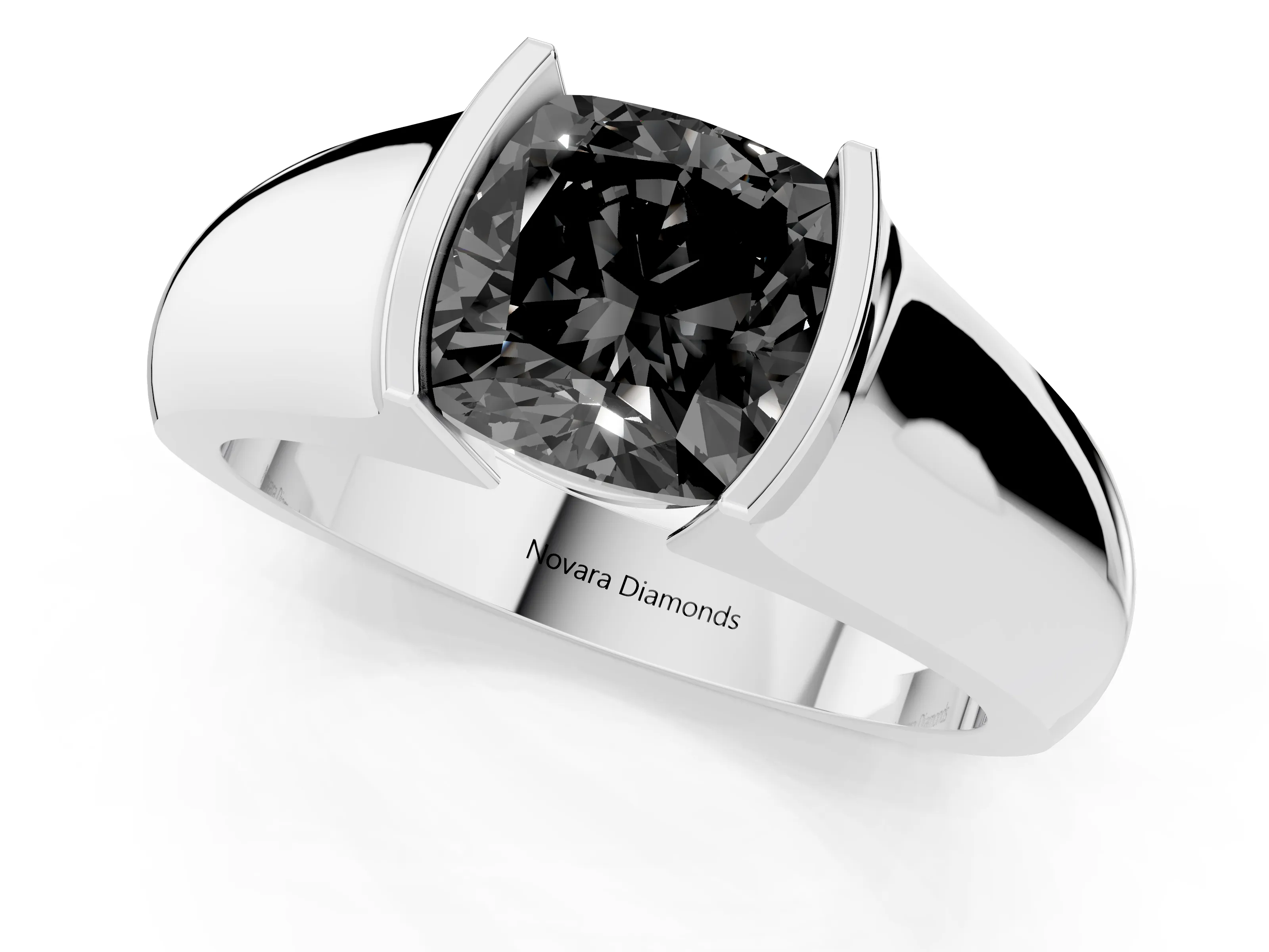 Fancy Black Cushion Cut Diamond Bezel Solitaire Ring Set in Platinum with Wide Band