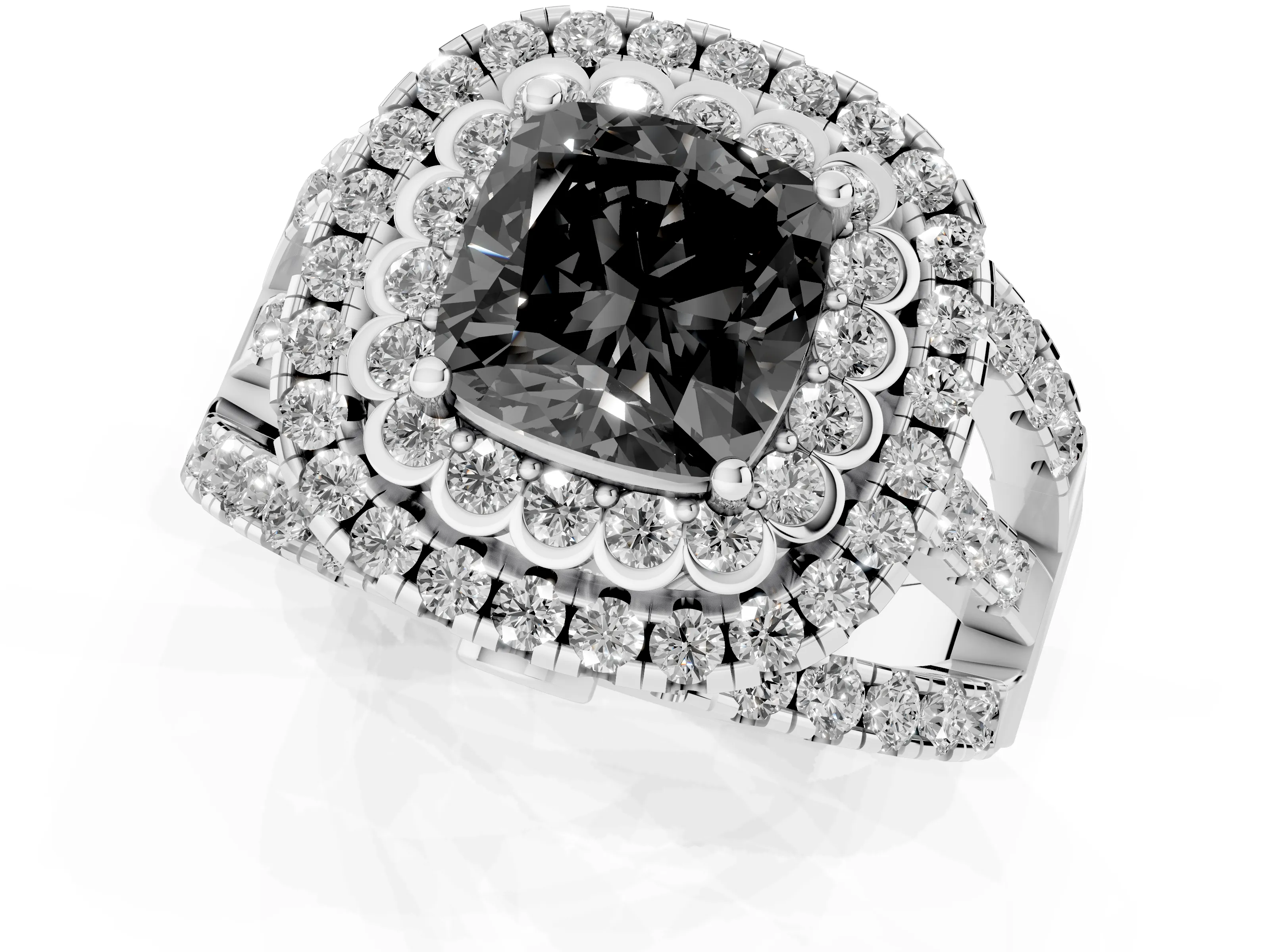 Fancy Black Cushion Cut Diamond Double Halo Ring Set in White gold with Round Pavé Split Shank – second view