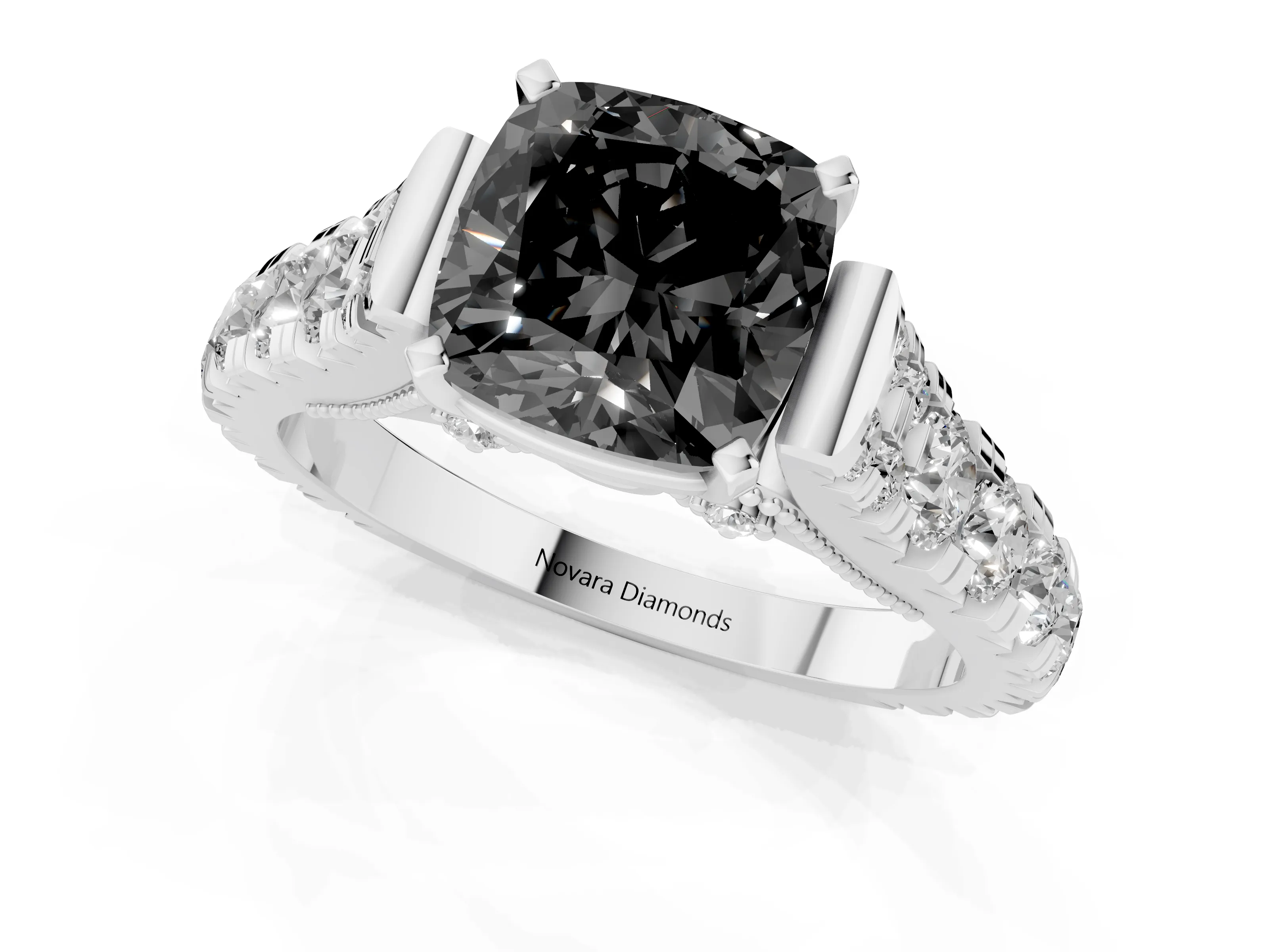 Fancy Black Cushion Cut Diamond Classic Solitaire Ring Set in Silver with Pavé Band and Prong Setting