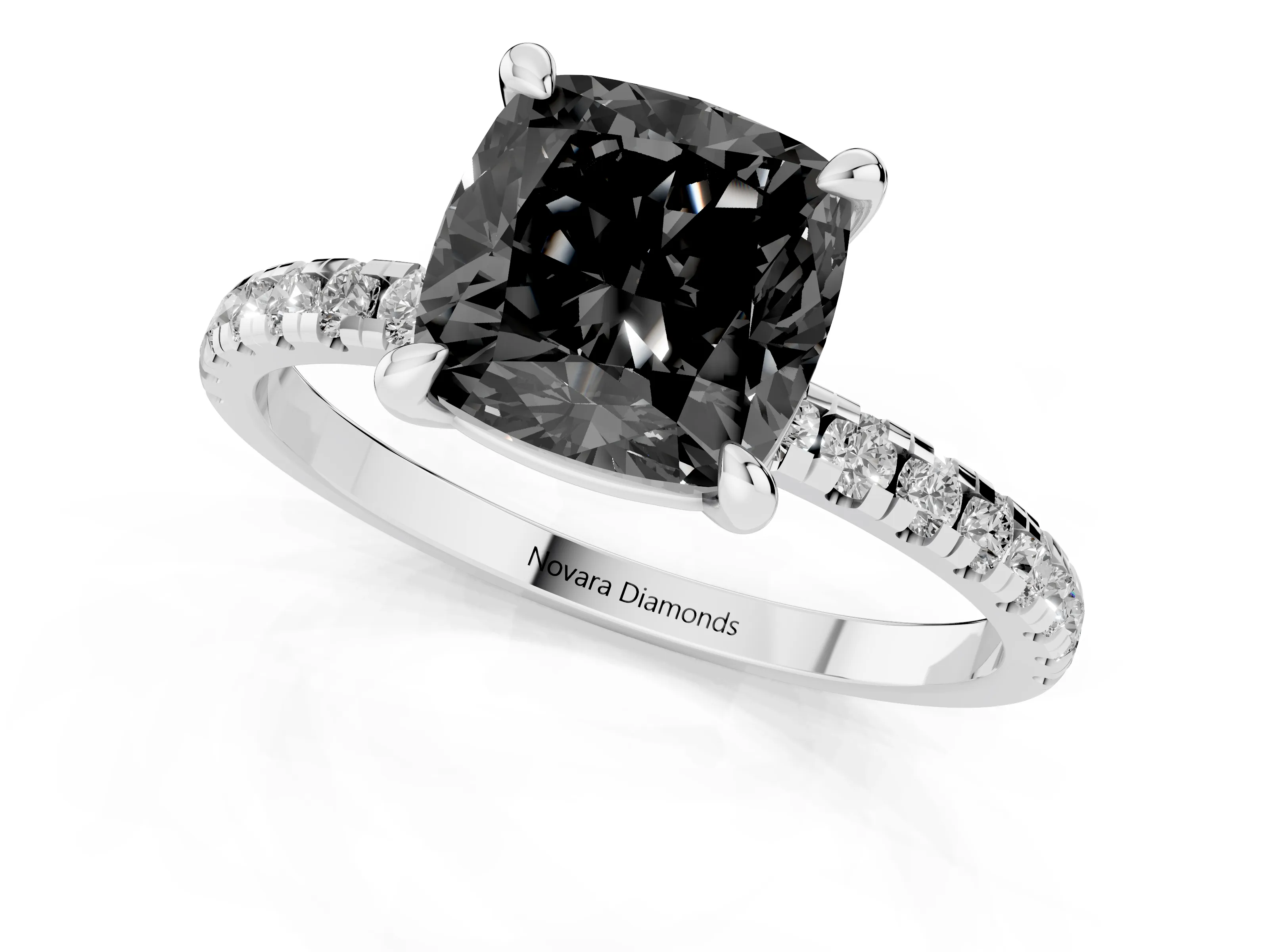 Fancy Black Cushion Cut Diamond Brilliant Solitaire Ring Set in Platinum with Pavé Band and Prong Setting