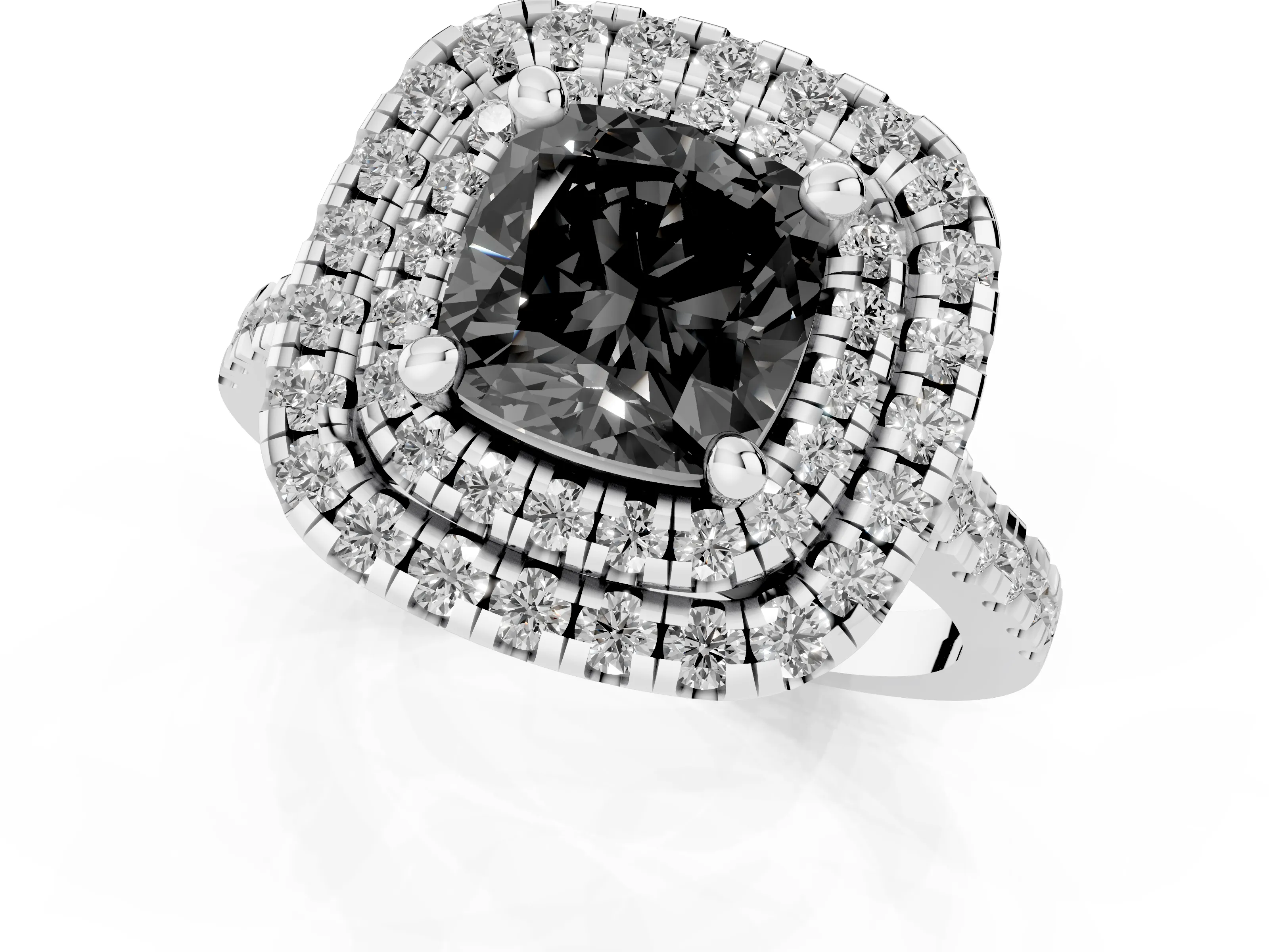 Fancy Black Cushion Cut Diamond Double Halo Statement Ring Set in White gold with Pavé Band