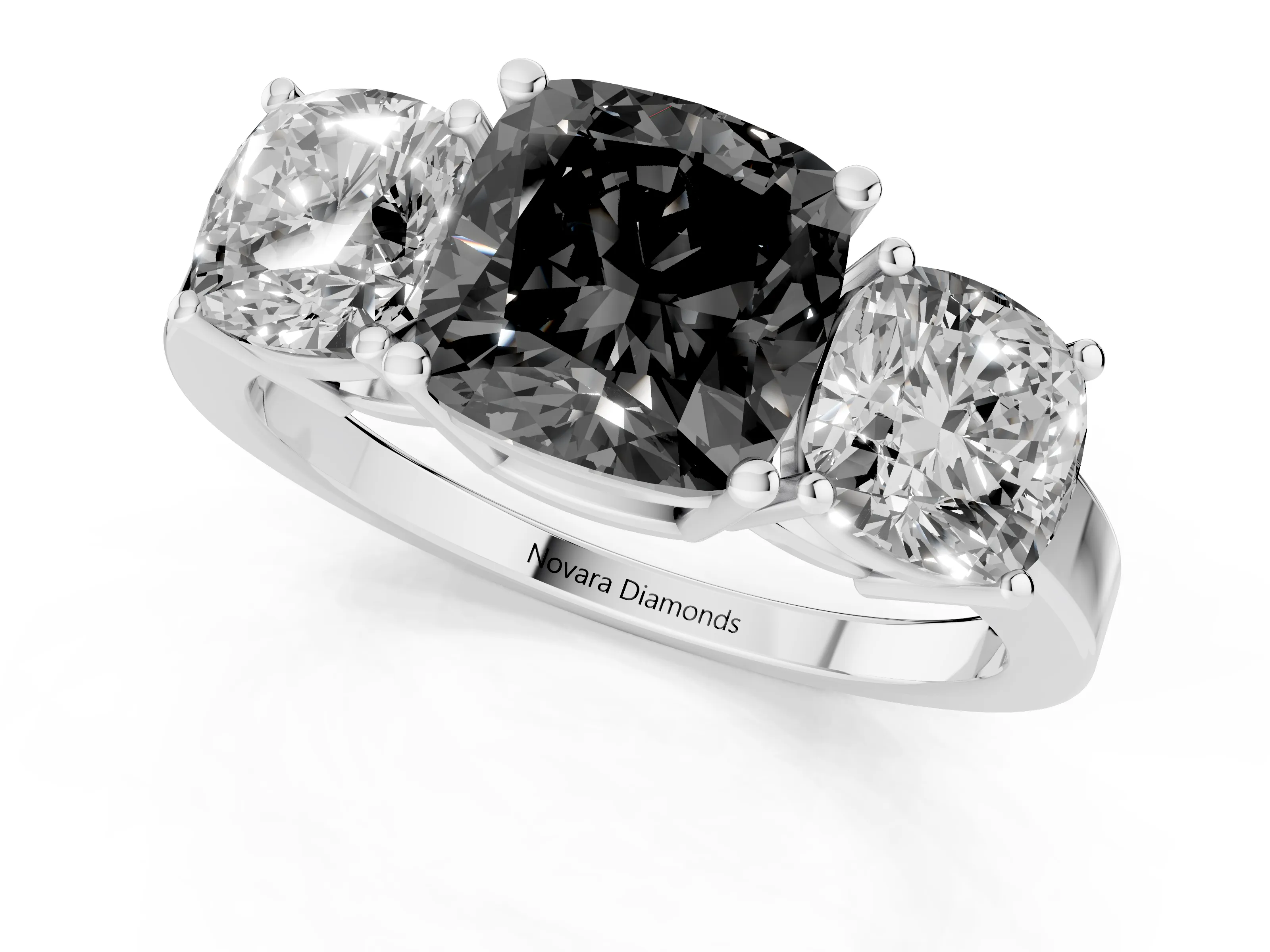 Fancy Black Cushion Cut Diamond Three-Stone Engagement Ring Set in White gold with Flat Band