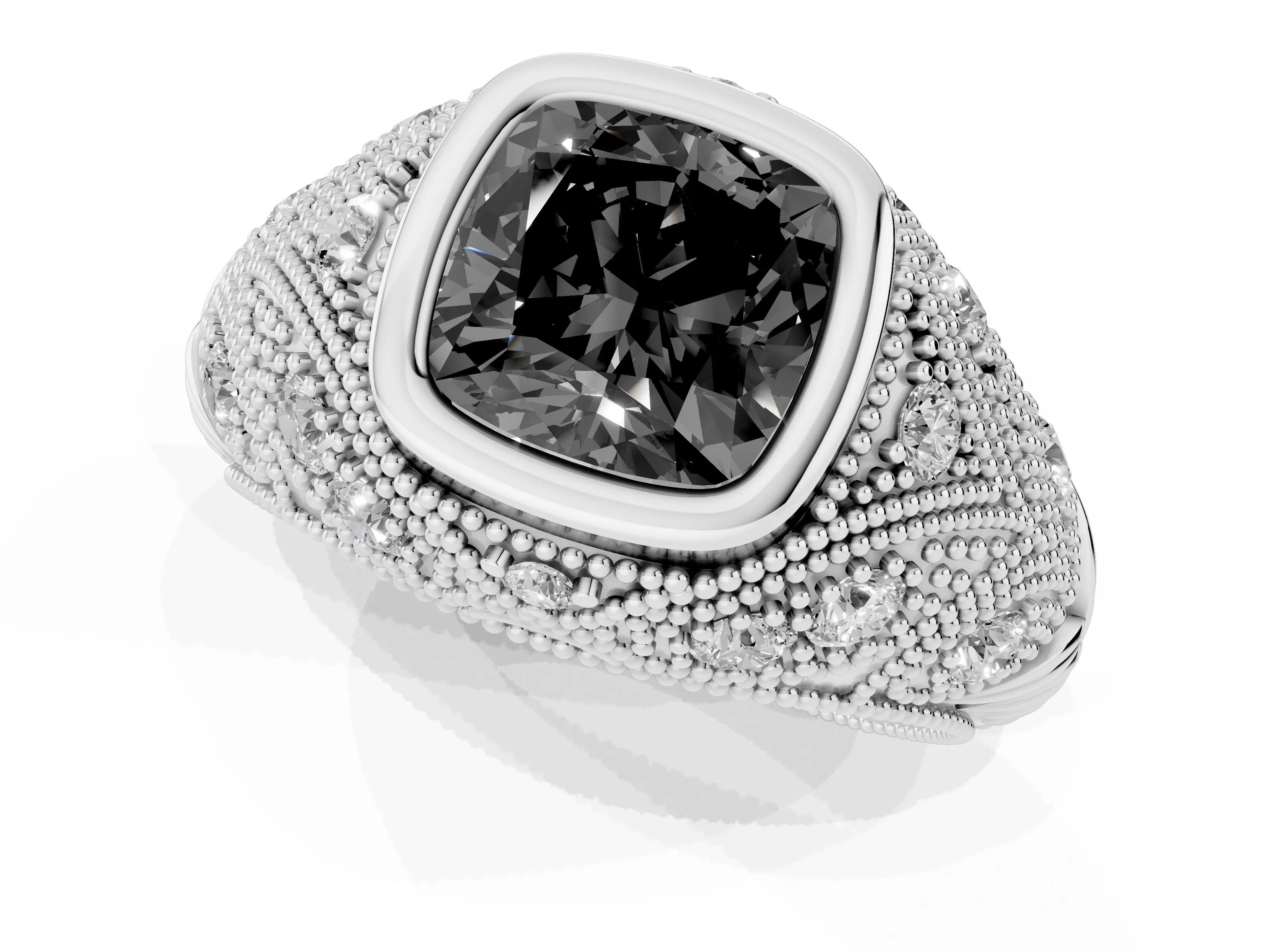 Fancy Black Cushion Cut Diamond Bezel Ring Set in Silver with Milgrain Accent Band