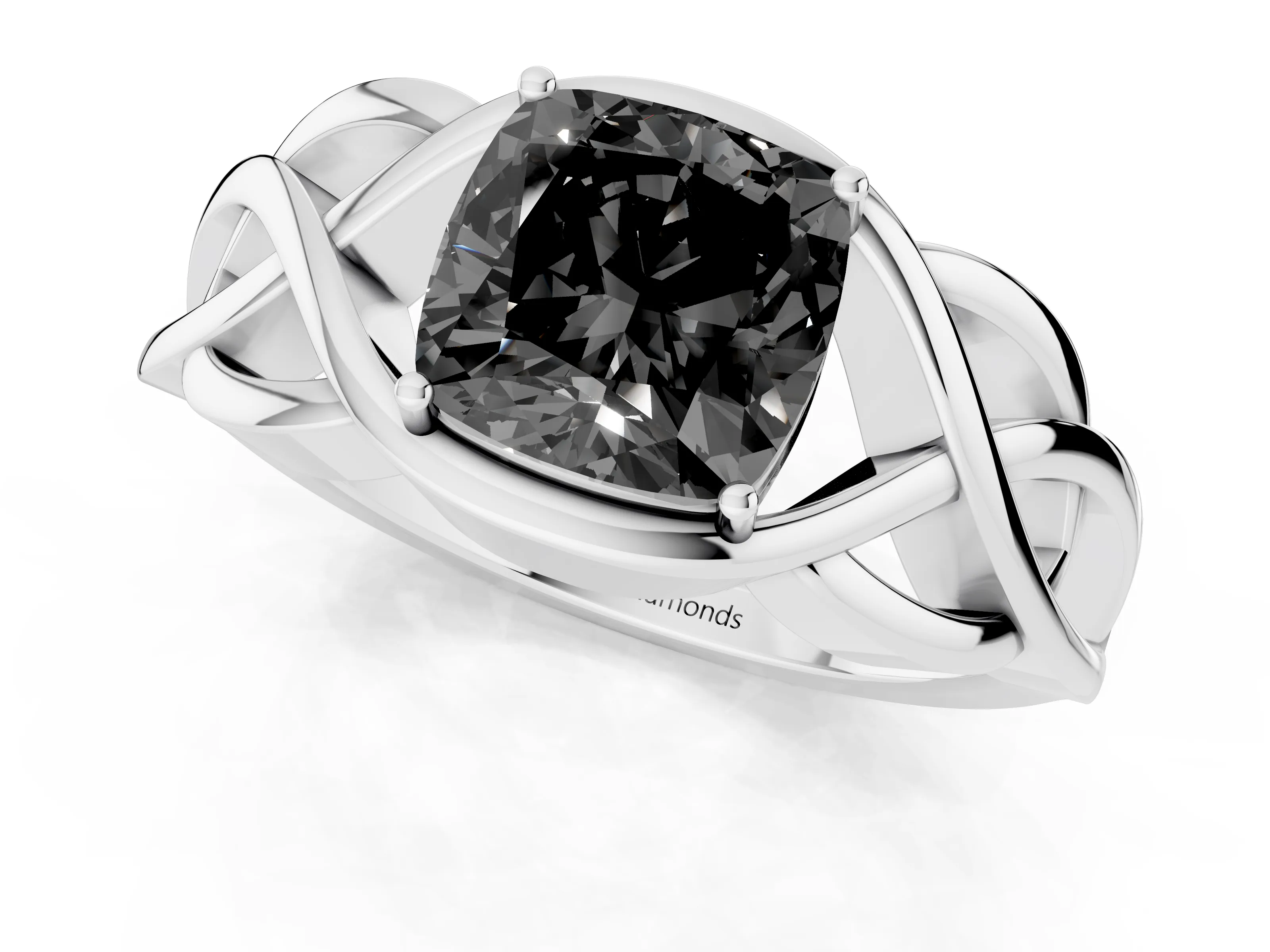 Fancy Black Cushion Cut Diamond Solitaire Ring Set in White gold with Intertwined Band