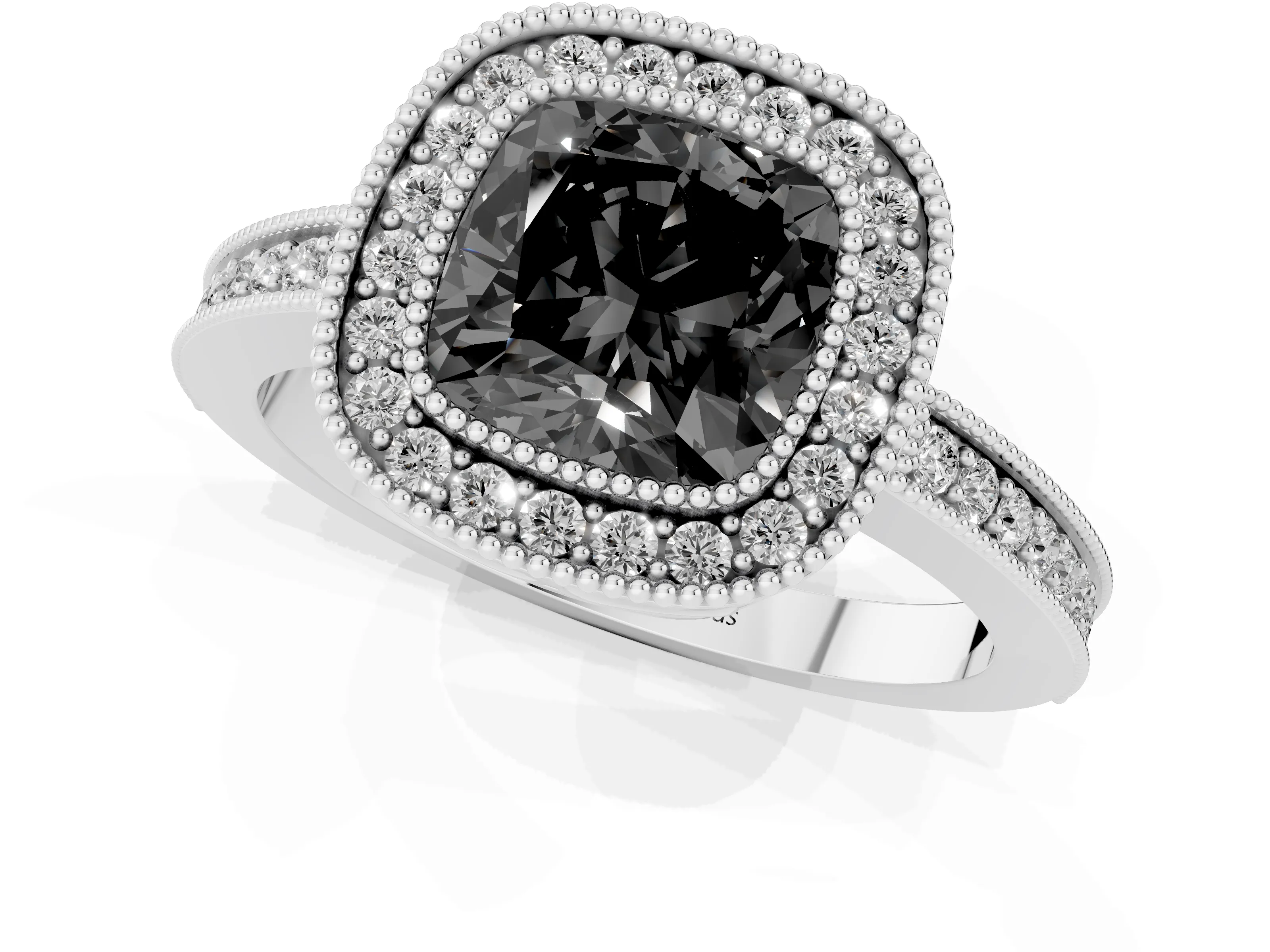 Fancy Black Cushion Cut Diamond Round Halo Ring Set in Platinum with Pavé Band