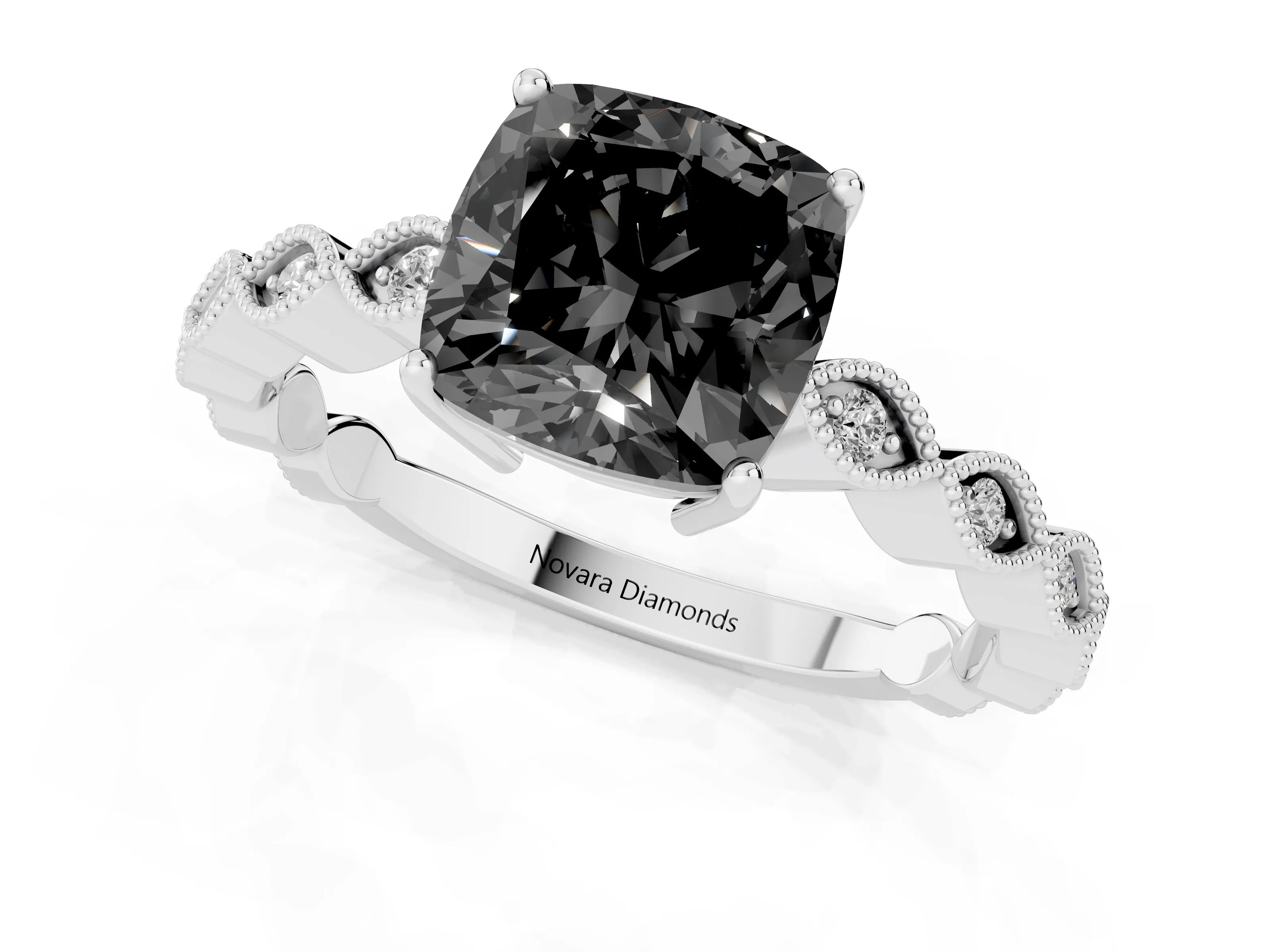 Fancy Black Cushion Cut Diamond Solitaire Ring Set in White gold with Infinity Twist Pavé Band – second view