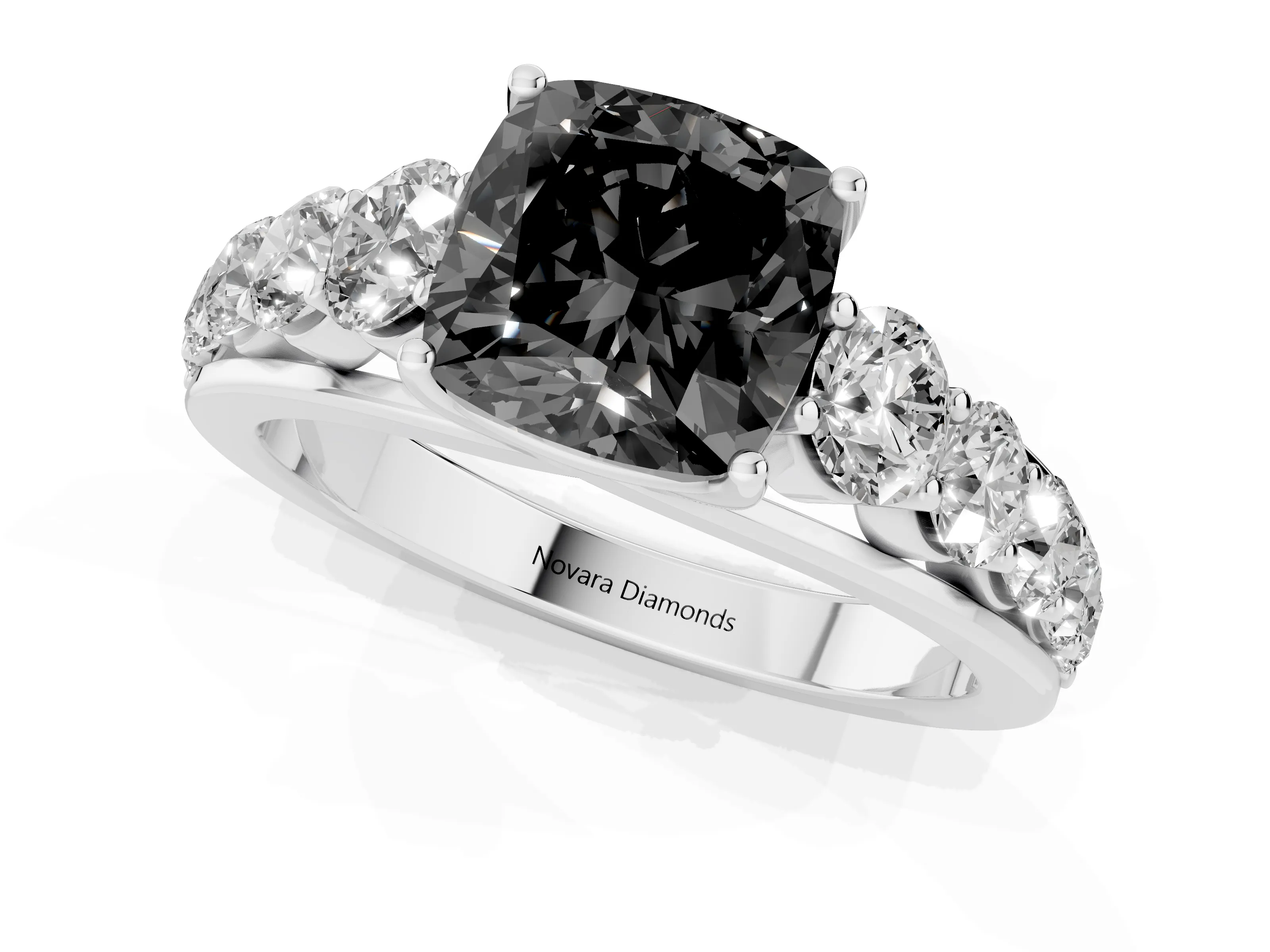 Fancy Black Cushion Cut Diamond Solitaire Ring Set in Silver with Pavé-Set Band and Prong Setting