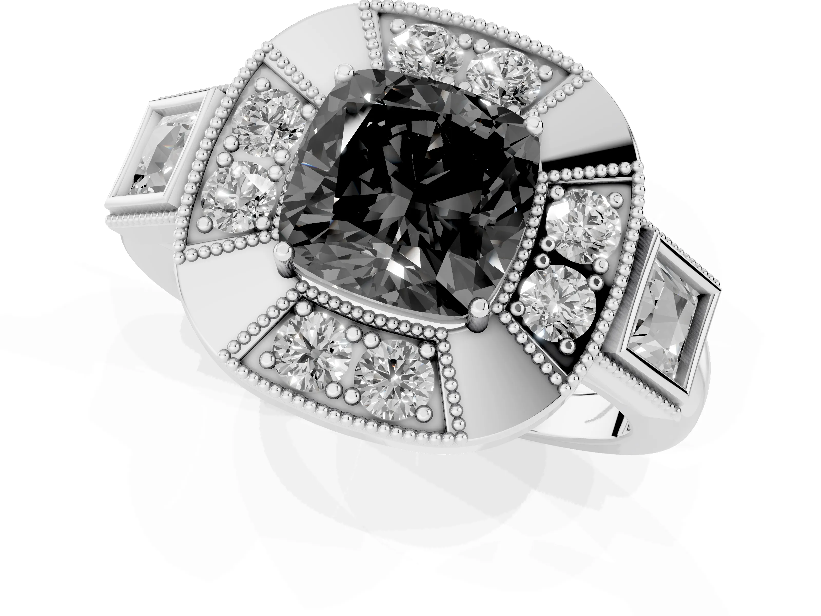Fancy Black Cushion Cut Diamond Milgrain Halo Ring Set in Silver with Split Shank