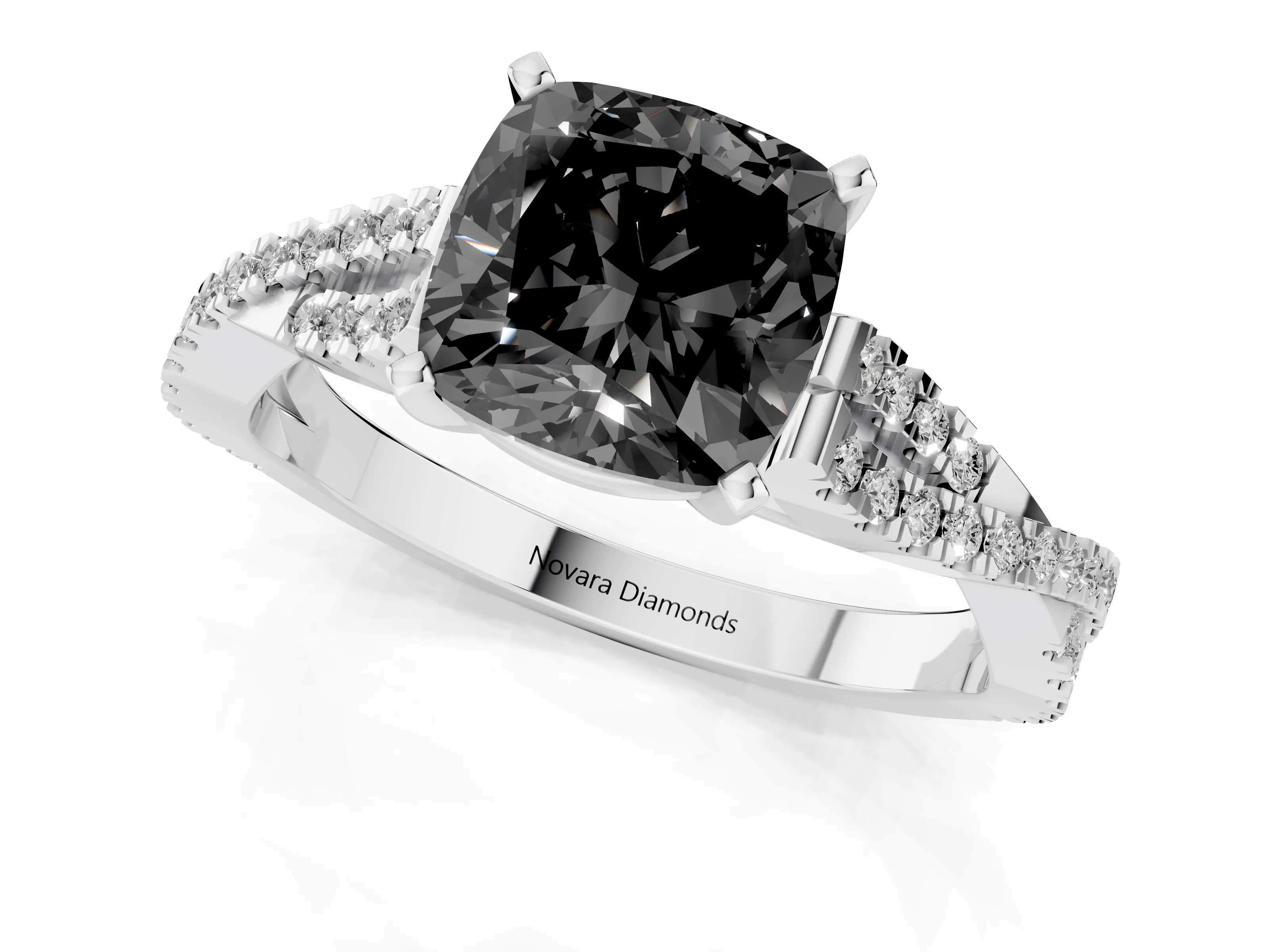 Fancy Black Cushion Cut Diamond Solitaire Engagement Ring Set in White gold with Twisted Pavé Band and Prong Setting